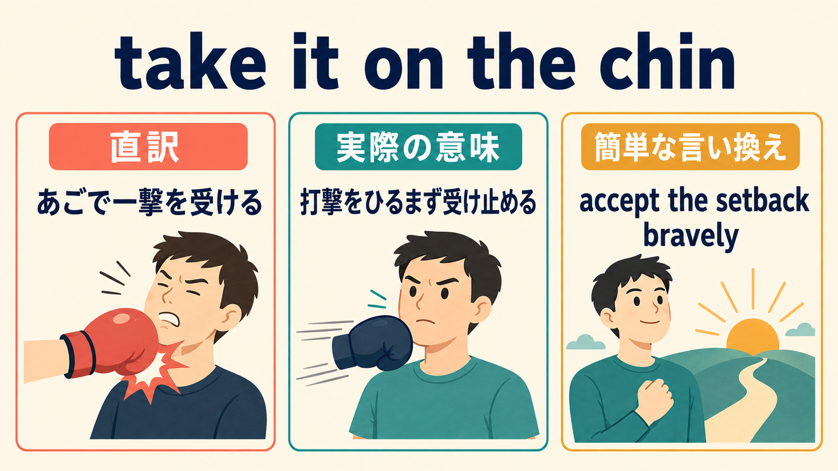 take it on the chinの直訳・実際の意味・簡単な言い換えを比較する図