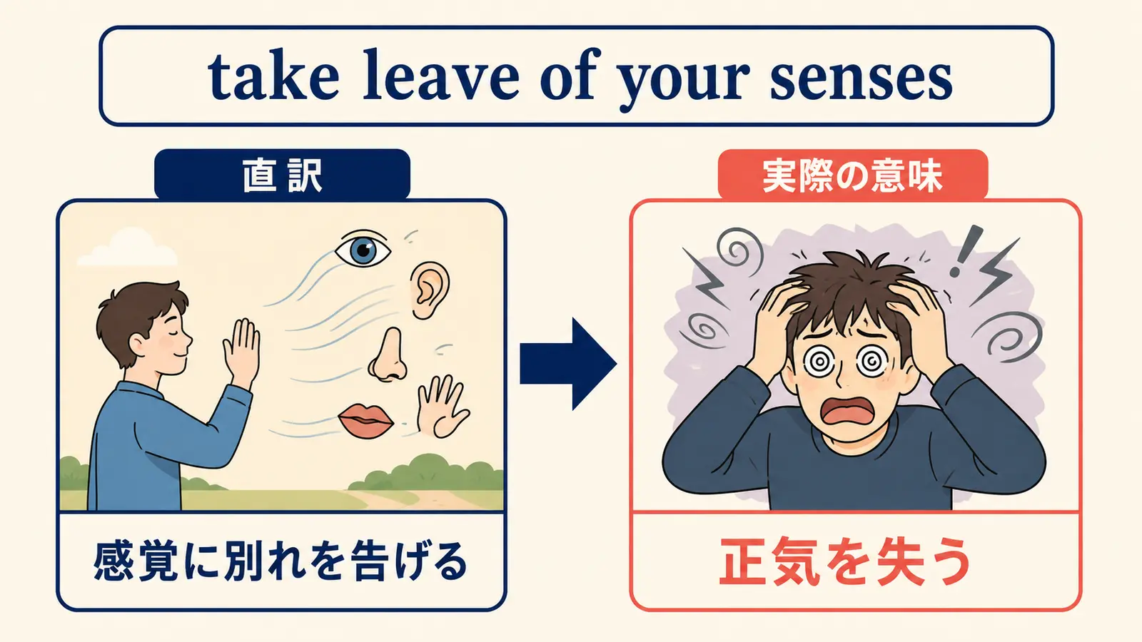 take leave of your sensesの直訳と実際の意味を比較する図