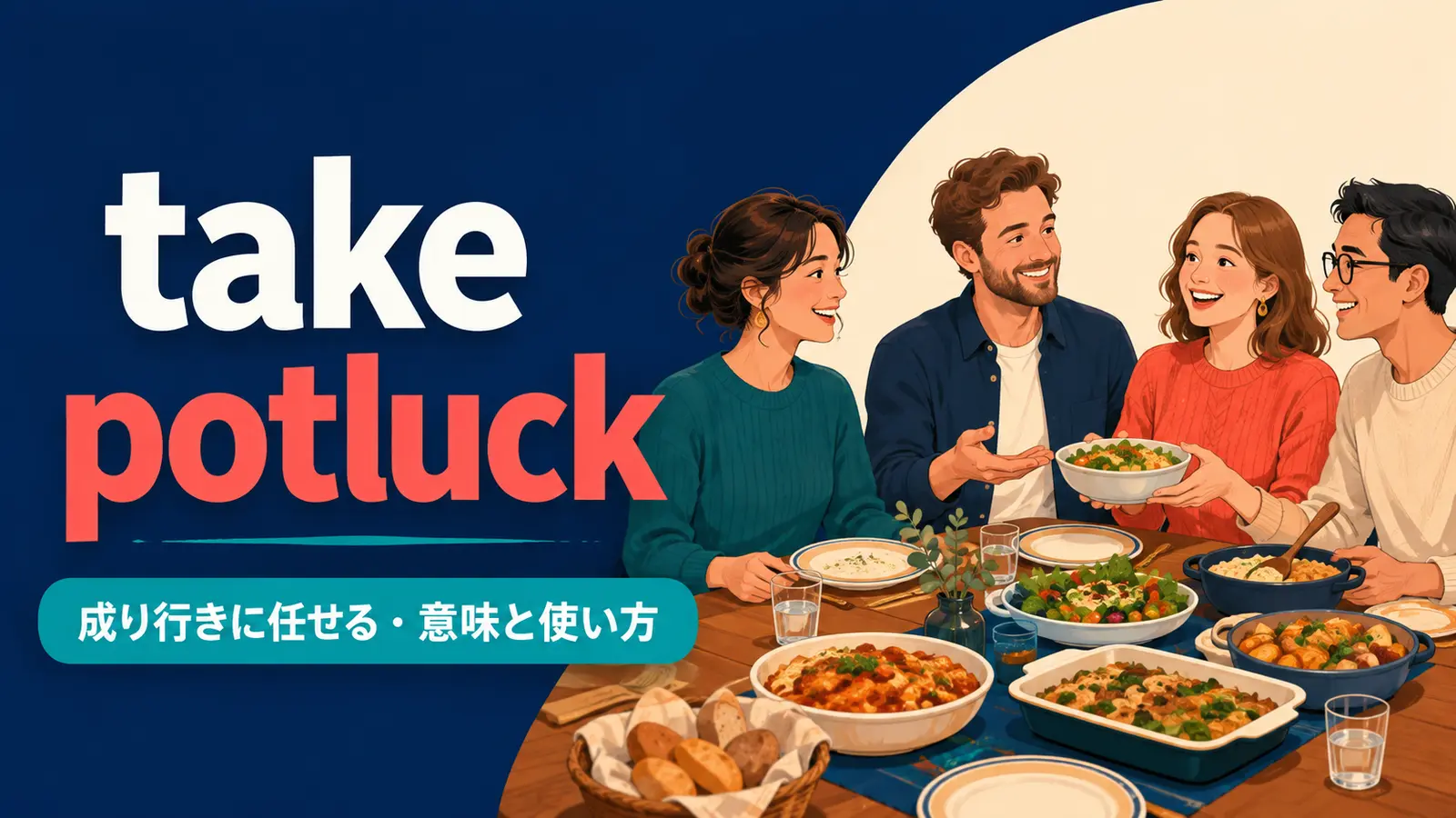 take potluckの意味・使い方・ニュアンスを解説するアイキャッチ
