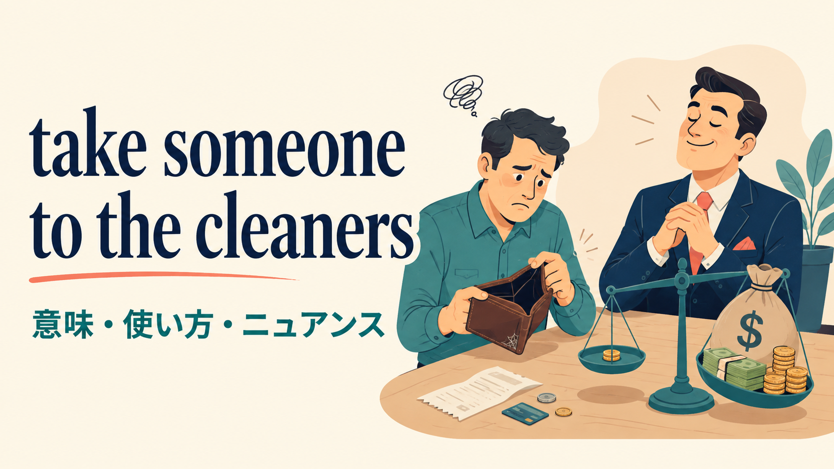 take someone to the cleanersの意味・使い方・ニュアンスを解説するアイキャッチ