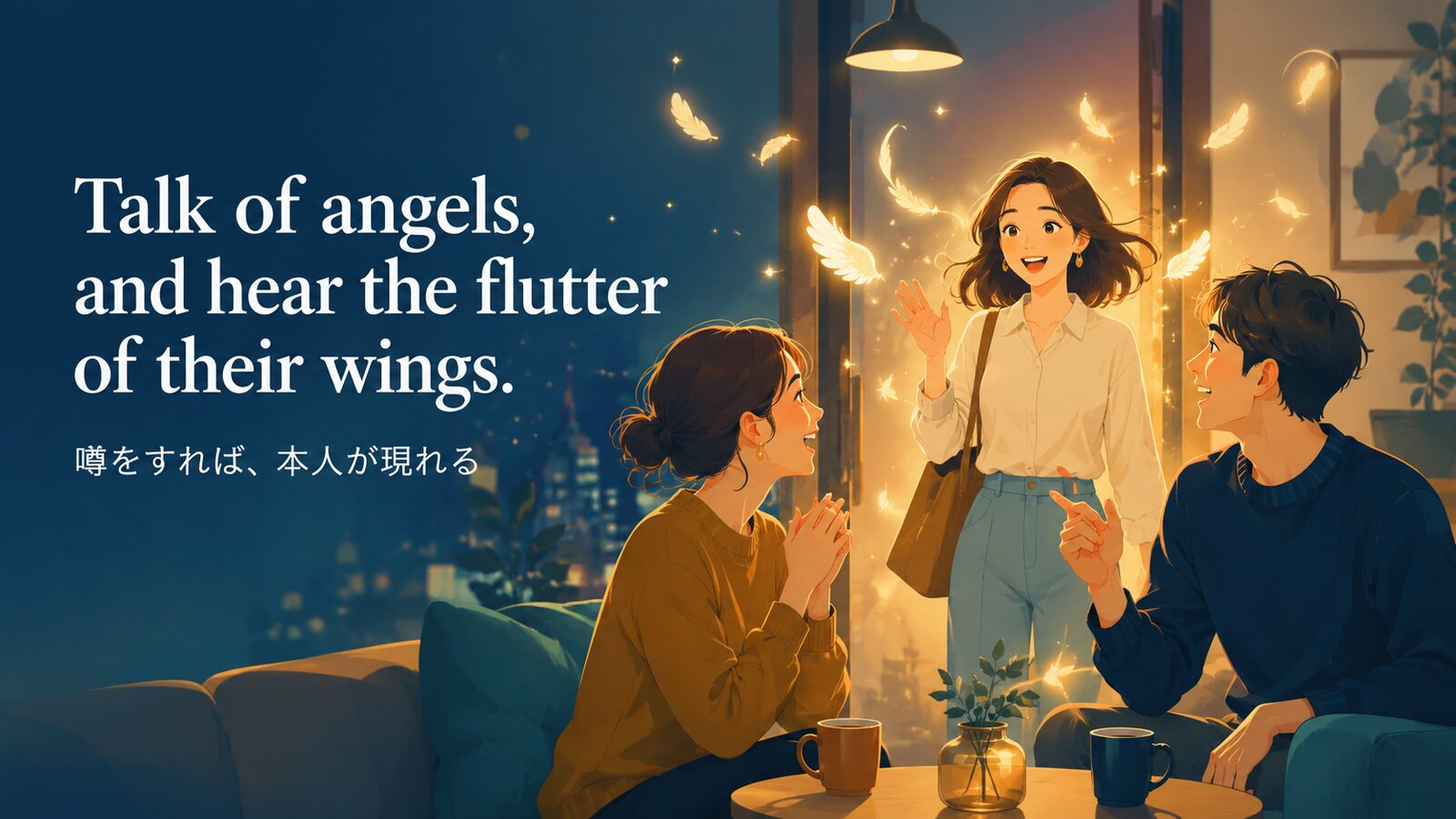 Talk of angels, and hear the flutter of their wings.の意味・使い方｜ニュアンス・例文・似た表現を解説