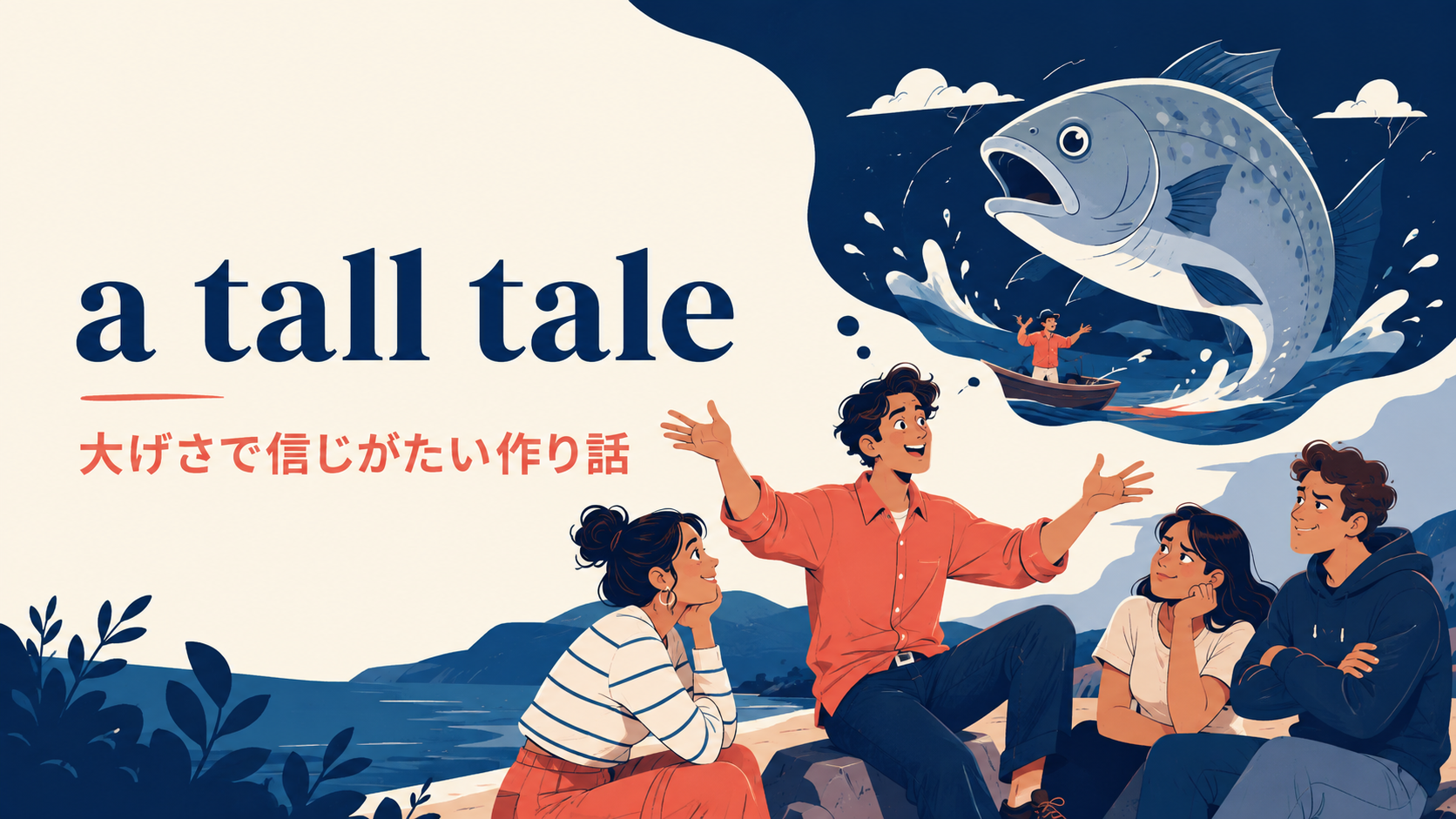 a tall taleの意味「大げさで信じがたい作り話」を示すアイキャッチ画像