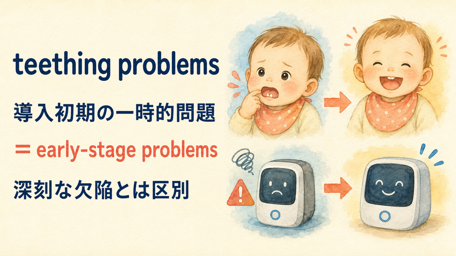 teething problemsの直訳イメージと実際の意味を比較する解説イラスト