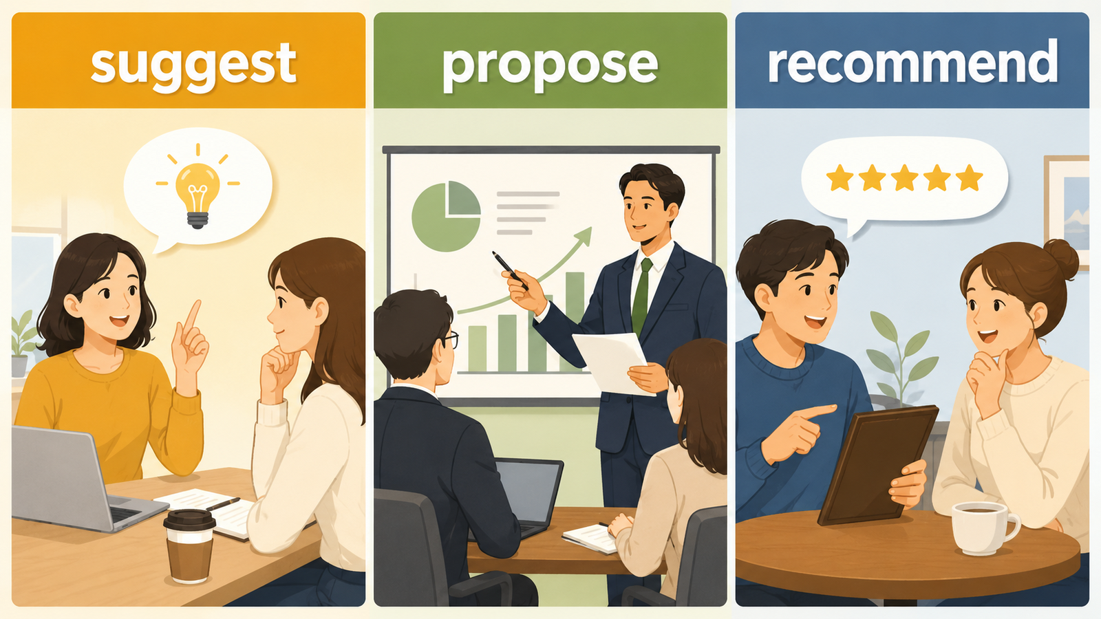 「提案する」は英語で？suggest・propose・recommendの違いと使い分け