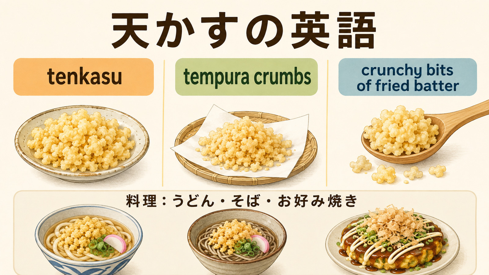 天かすの英語名と特徴を示す解説画像
