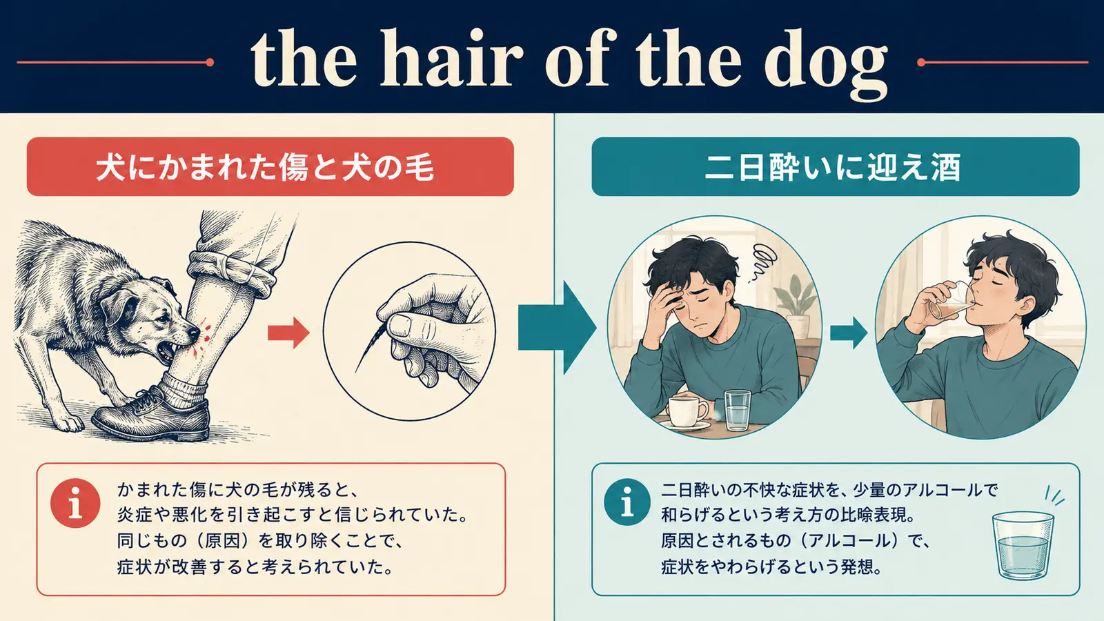 the hair of the dogの直訳イメージと実際の意味の比較図