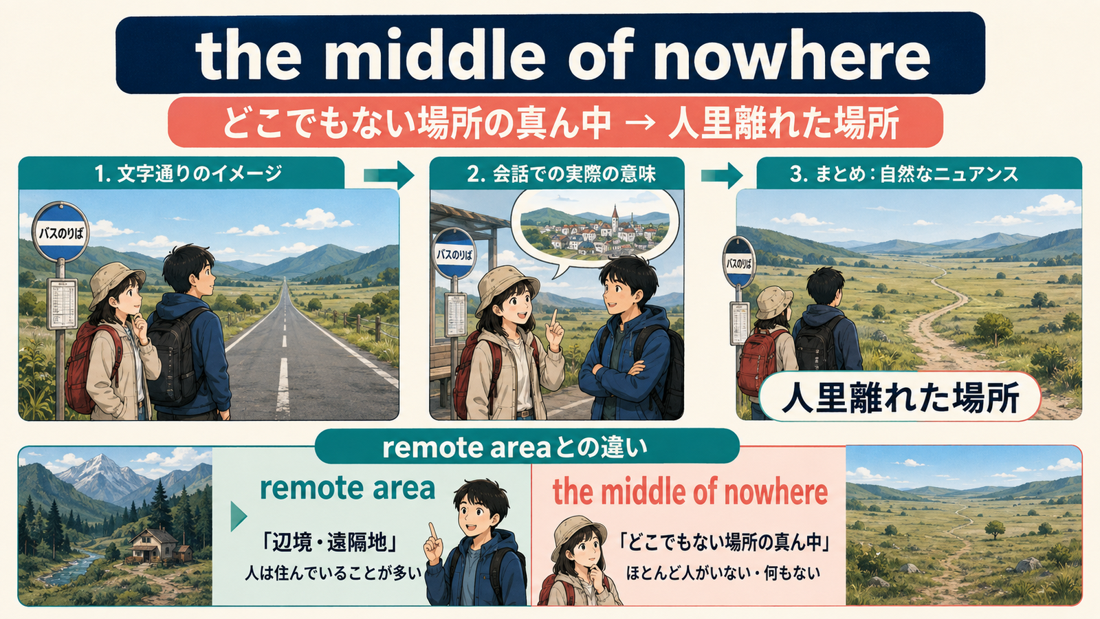 the middle of nowhereの直訳イメージと会話での意味を比較する解説イラスト