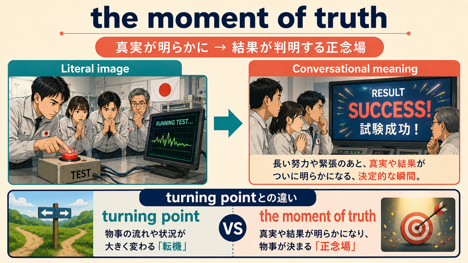 the moment of truthの意味は？「結果や真価が明らかになる決定的瞬間・正念場」の使い方・ニュアンスと例文
