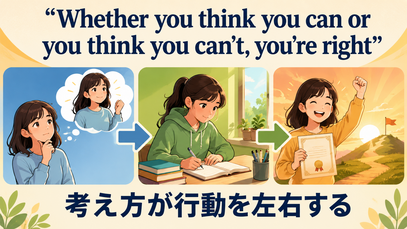 Whether you think you can, or you think you can’t, you’re rightの直訳と実際の意味を比較する解説イラスト