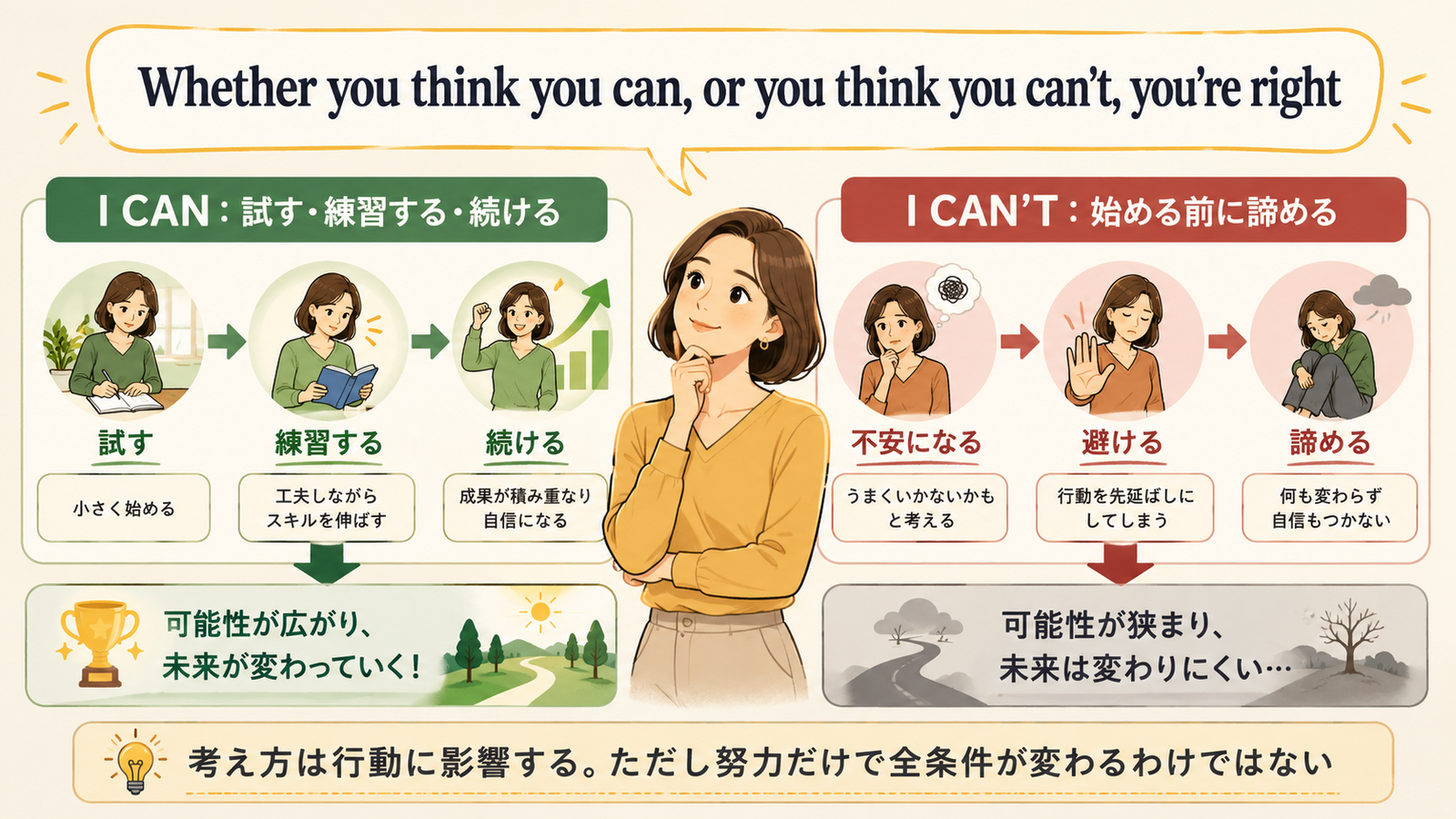 Whether you think you can, or you think you can’t, you’re rightの直訳・実際の意味・注意点を示す解説図