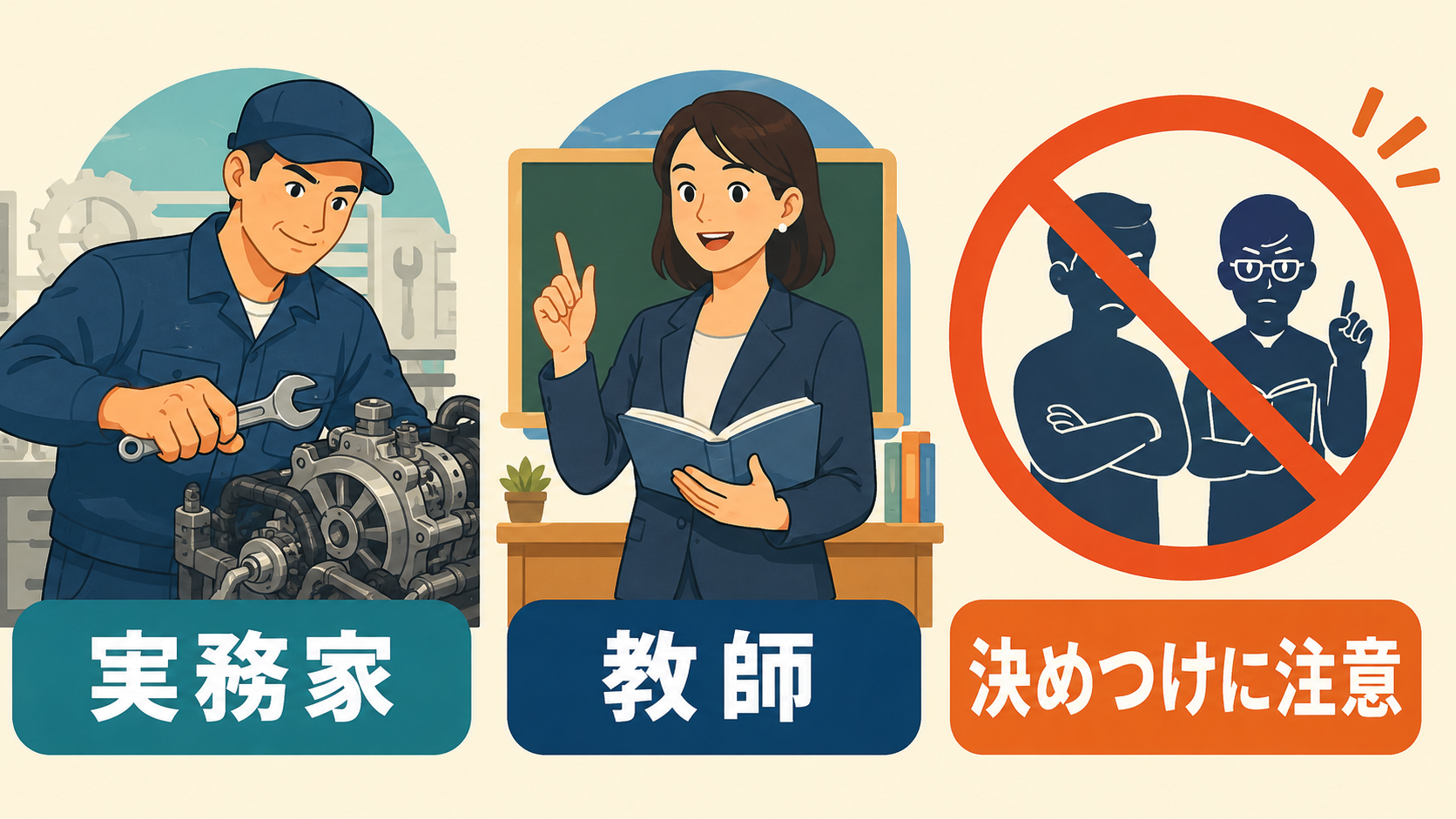 実務家と教師を二分する決めつけに注意するイラスト