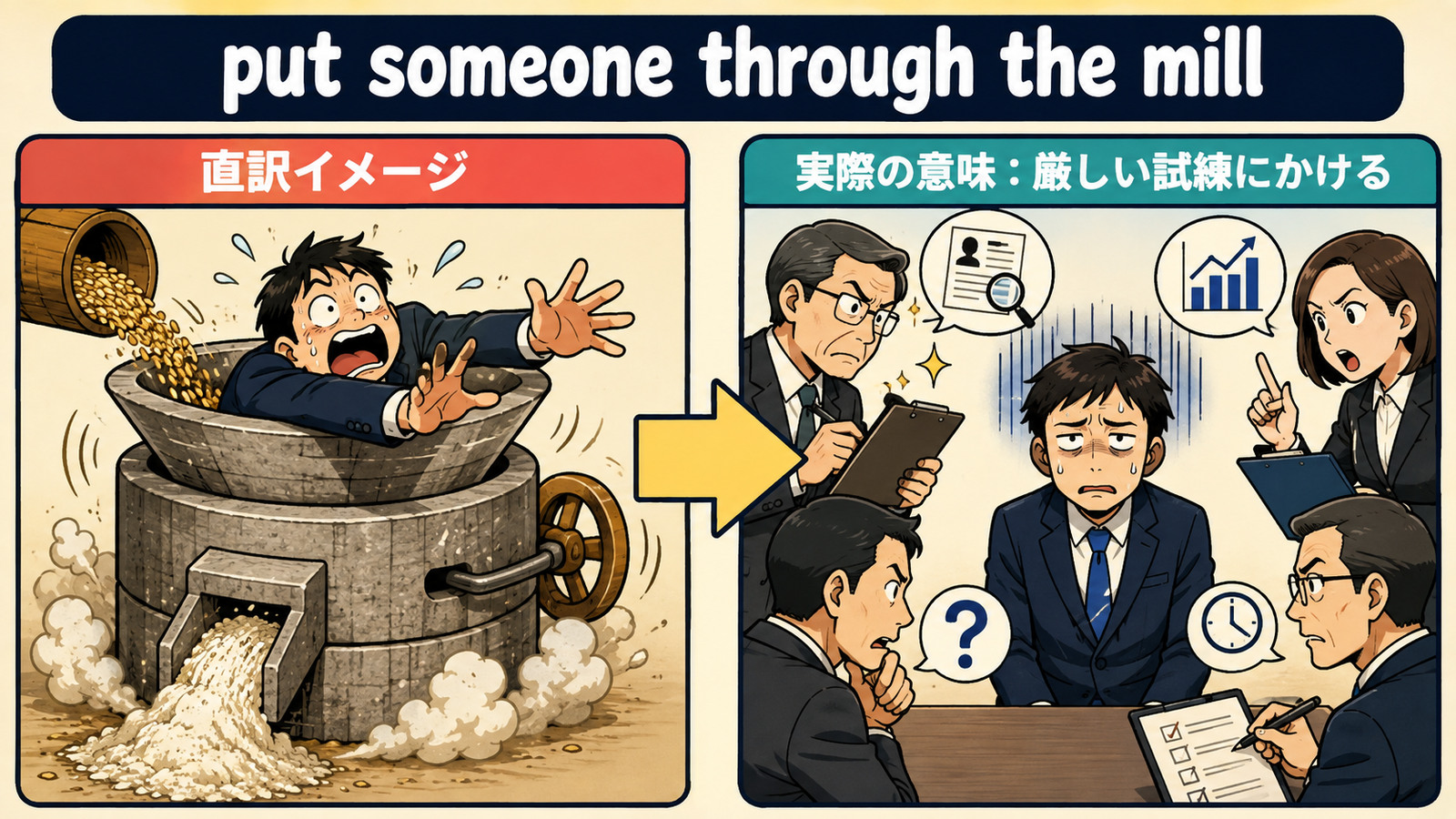 put someone through the millの直訳と実際の意味を比べる解説イラスト