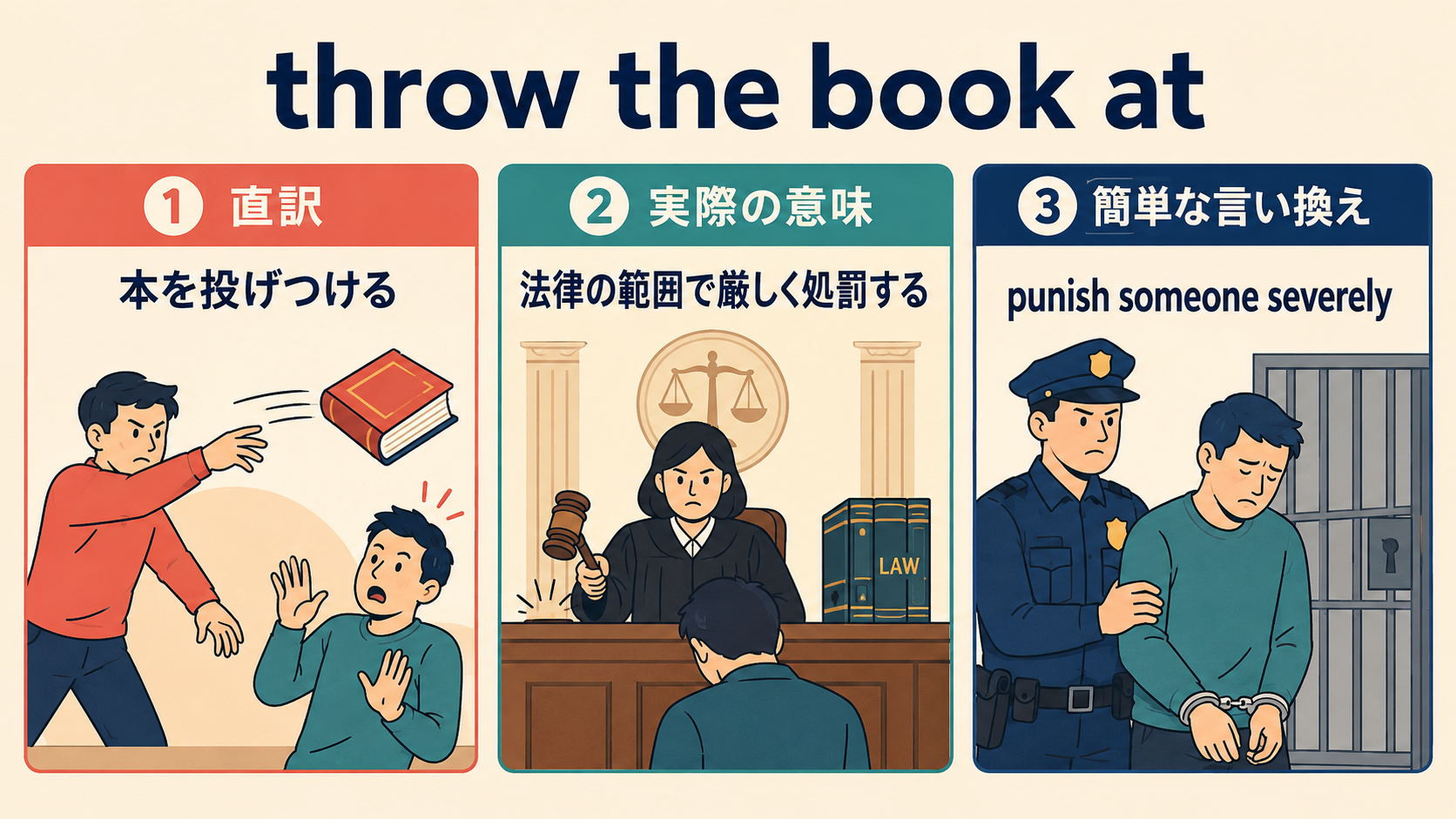 throw the book atの直訳・実際の意味・簡単な言い換えを比較する図