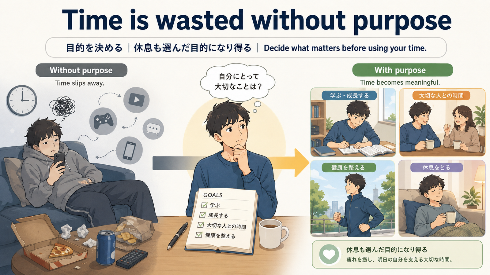 Time is wasted without purposeの直訳・ニュアンス・簡単な言い換え