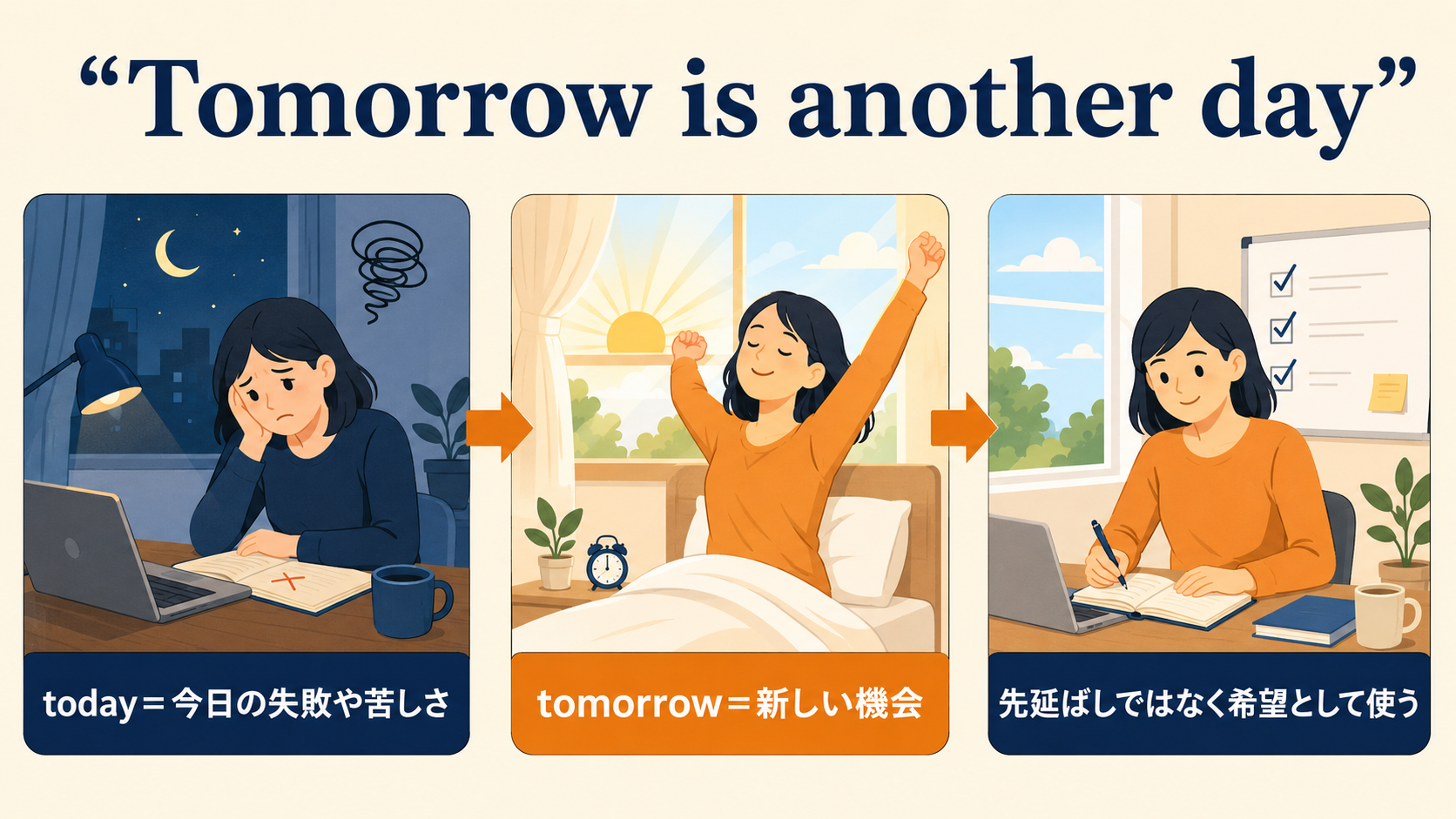 Tomorrow is another dayの単語とニュアンスを説明する図