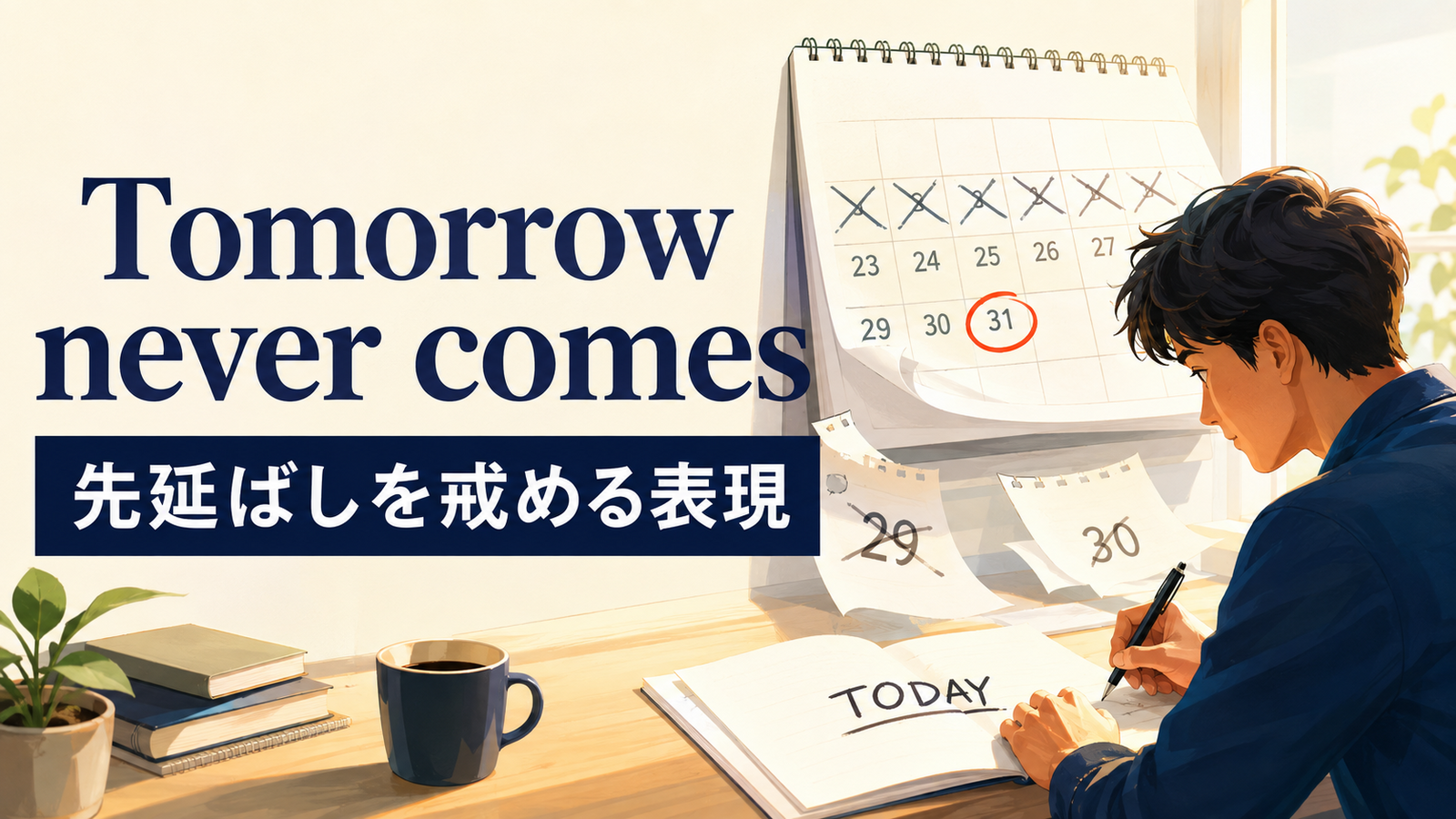 Tomorrow never comesの意味・使い方・ニュアンスを解説するアイキャッチ画像