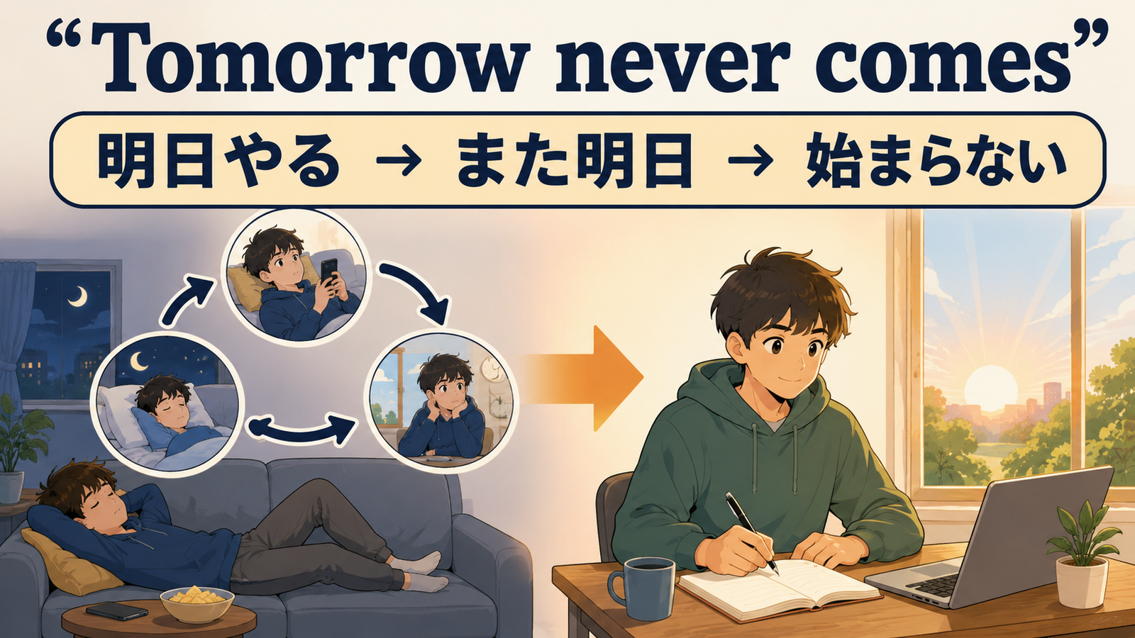 Tomorrow never comesの直訳と実際の意味を比較する解説イラスト