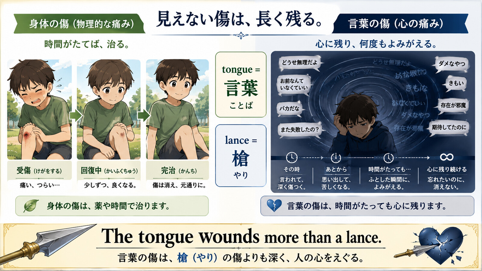 The tongue wounds more than a lanceの語句とニュアンスを整理した解説イラスト