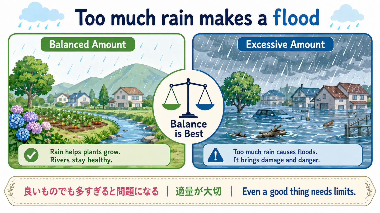 Too much rain makes a flood の意味・使い方｜ニュアンスと例文を解説
