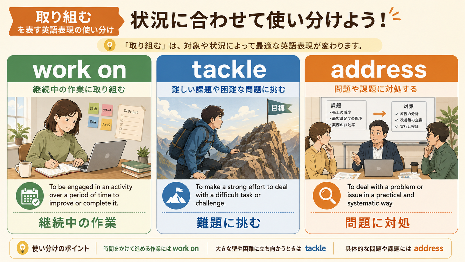 取り組むを表すwork on・tackle・addressの使い分け比較図