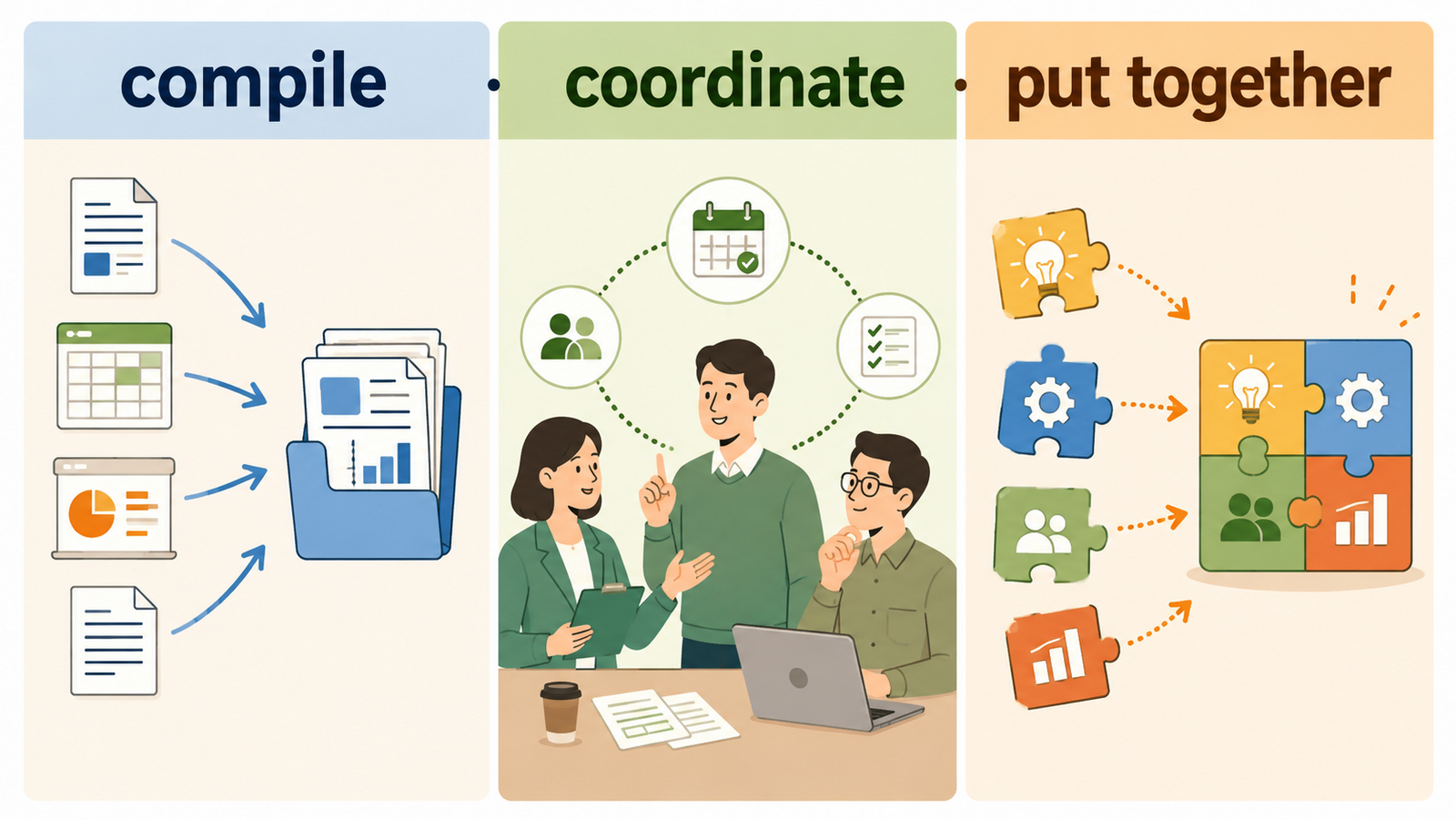 「取りまとめる」は英語で？compile・coordinate・put togetherの違い