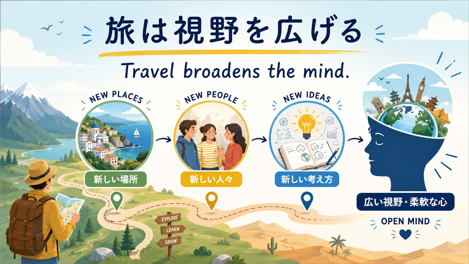 Travel broadens the mindの語句とニュアンスを整理した解説イラスト