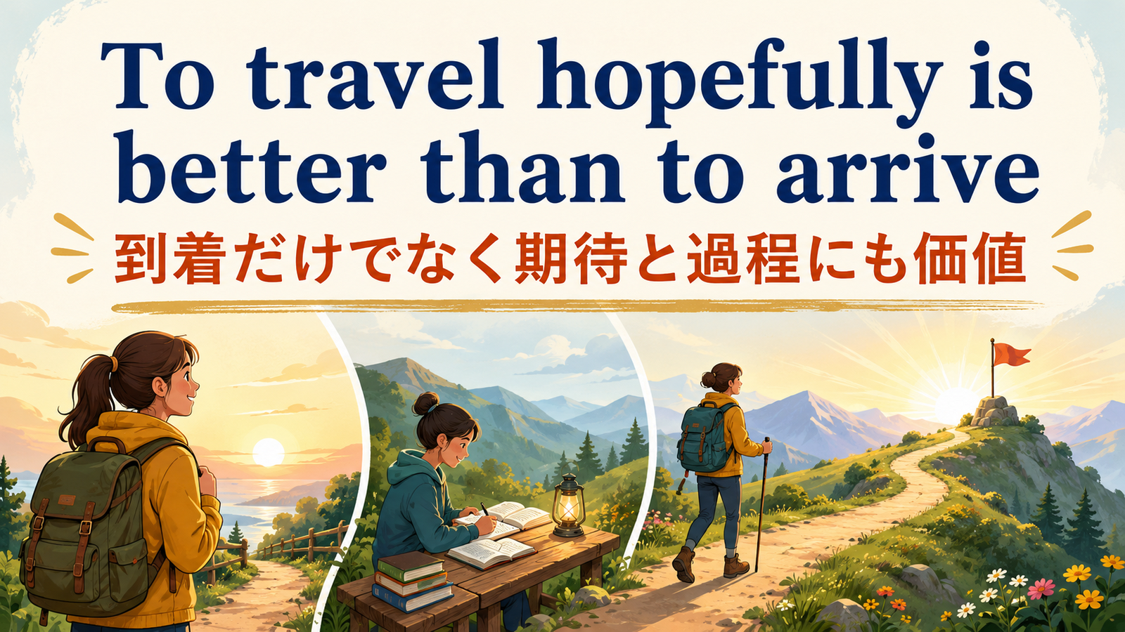 To travel hopefully is a better thing than to arriveの直訳と実際の意味を比較する解説イラスト
