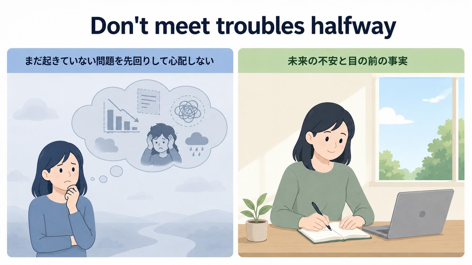 Don't meet troubles halfwayの直訳と実際のニュアンスを説明するイラスト