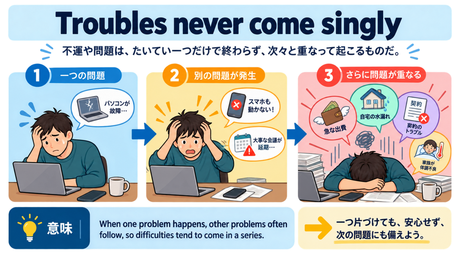 Troubles never come singly の意味・使い方｜ニュアンスと例文を解説