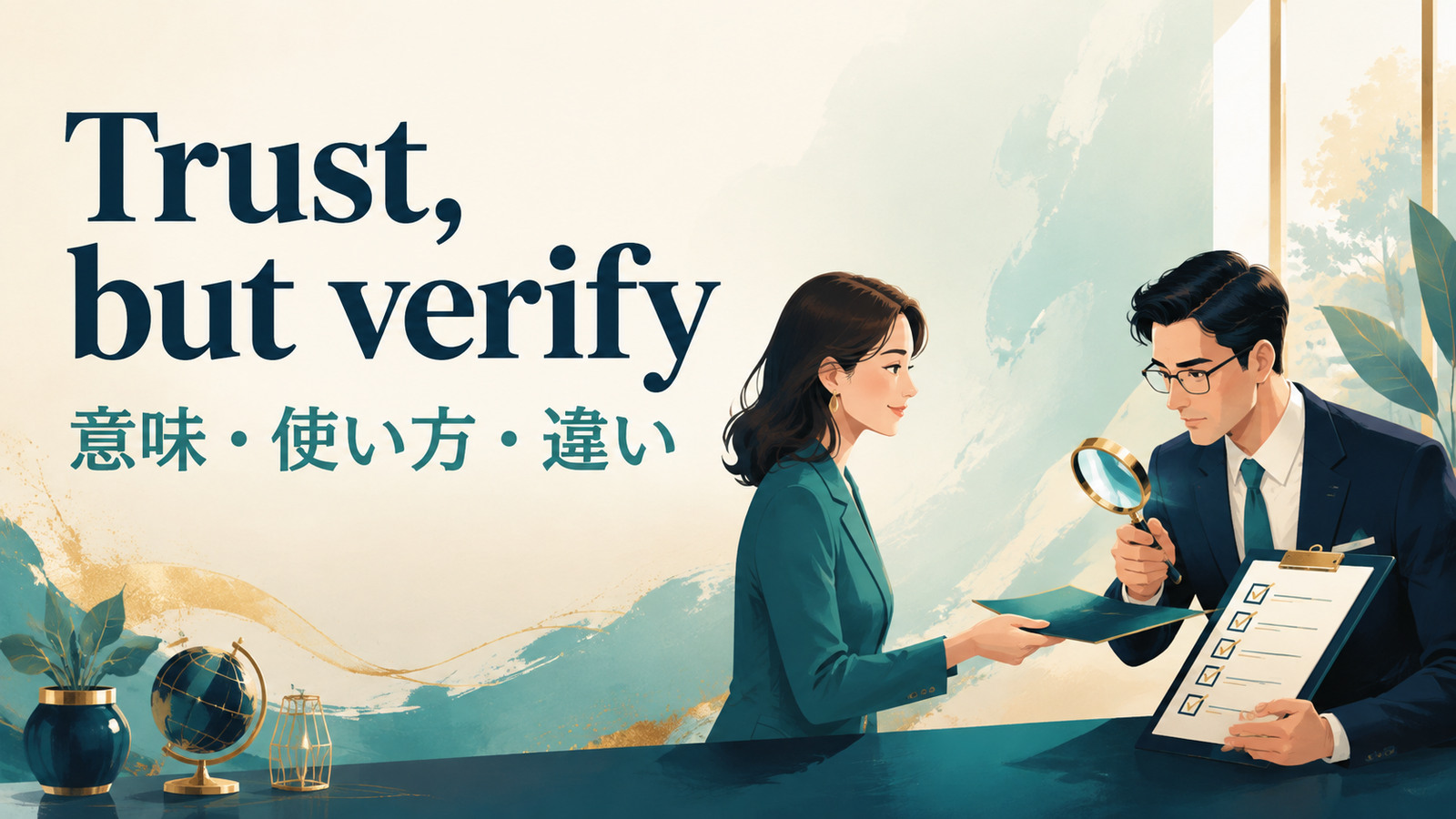 Trust, but verifyの意味・使い方を解説するアイキャッチ