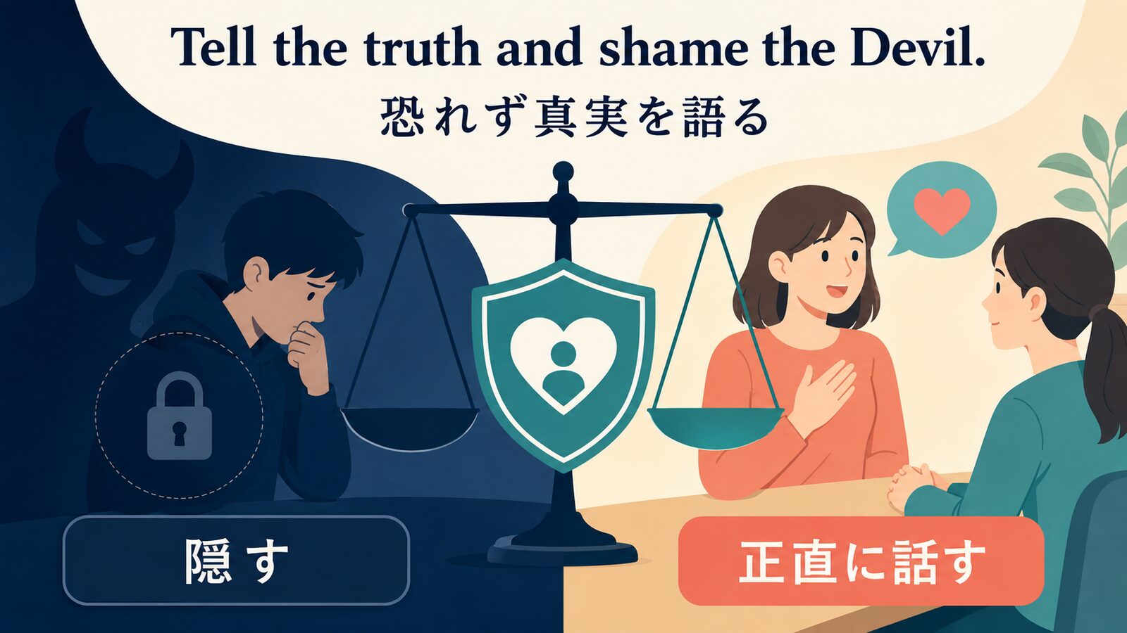 Tell the truth and shame the Devil.の直訳と実際の意味を比較した解説イラスト