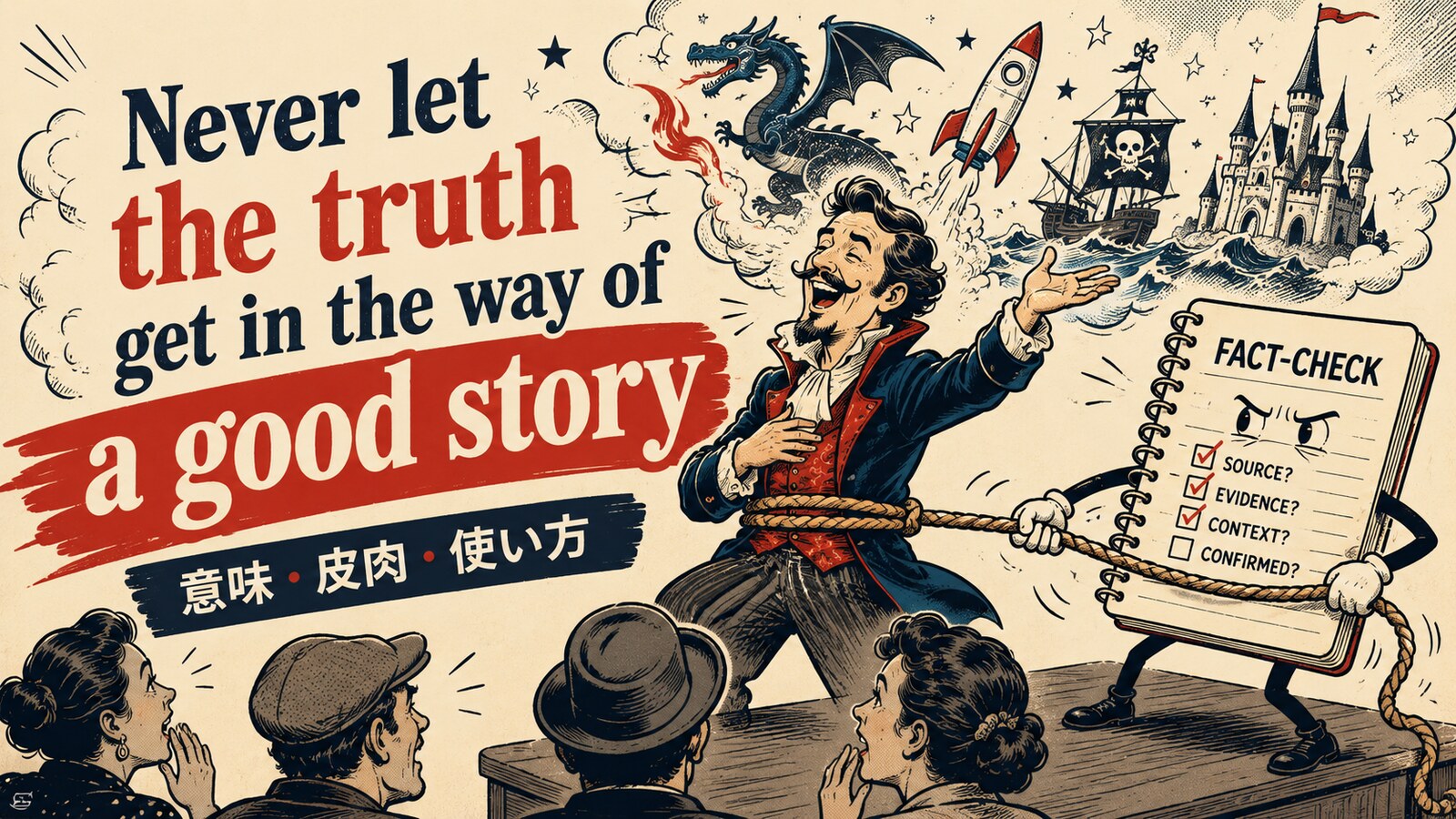 Never let the truth get in the way of a good storyの意味・使い方を解説するアイキャッチ
