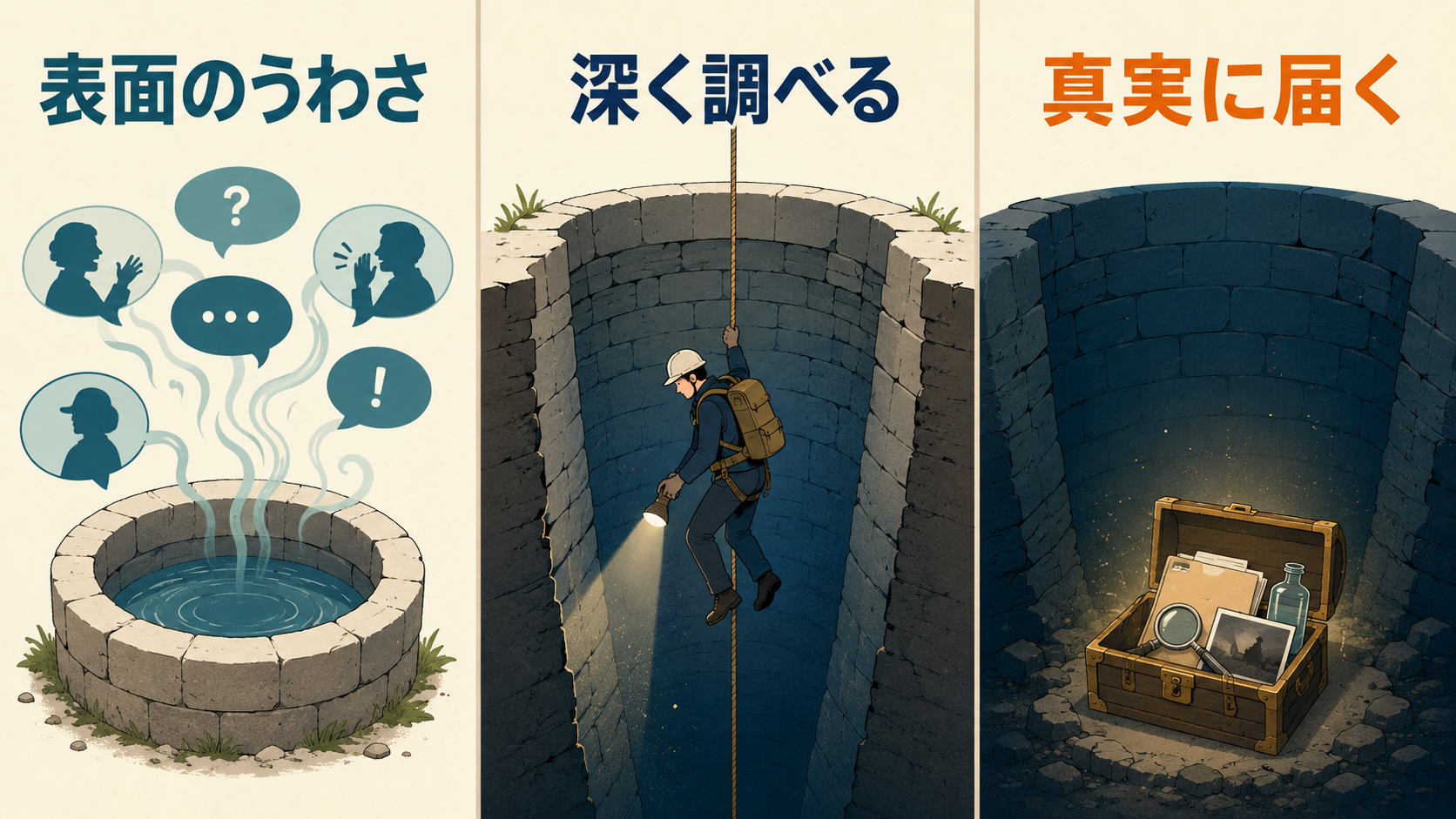 表面のうわさから深く調べて真実へ届く図解