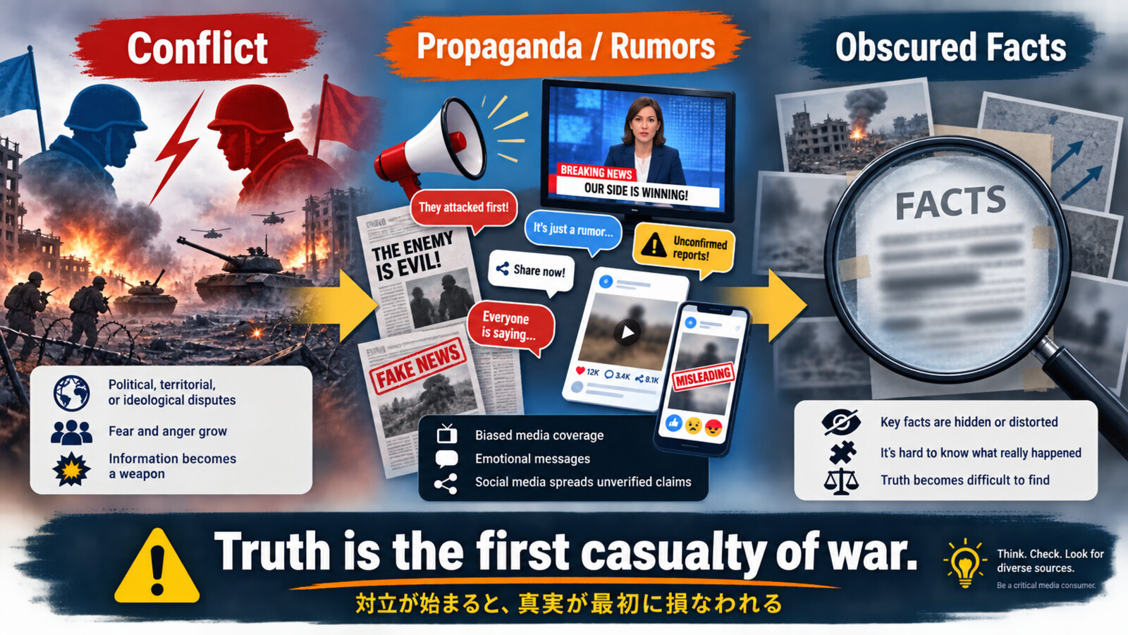 Truth is the first casualty of warの語句とニュアンスを整理した解説イラスト