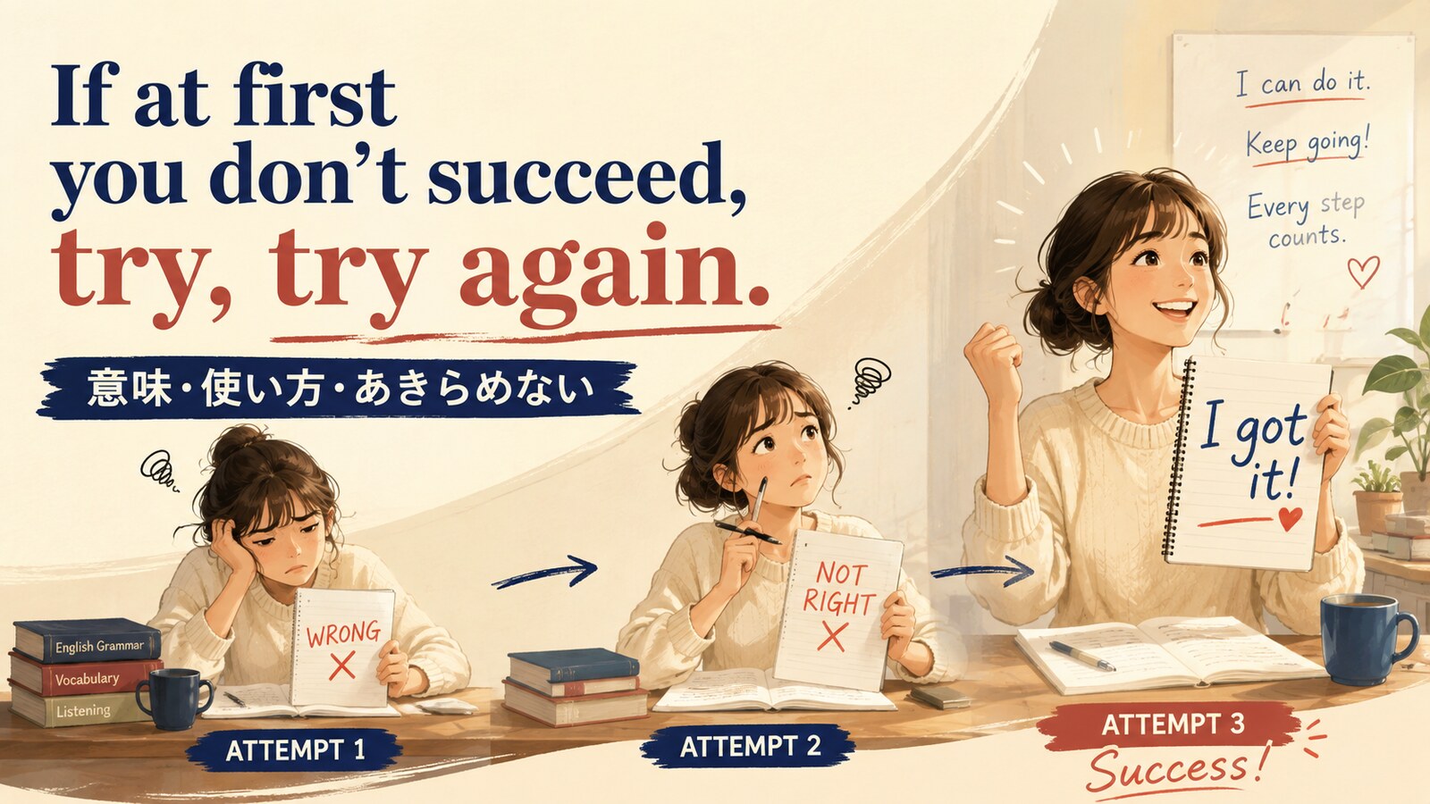 If at first you don’t succeed, try, try againの意味と使い方を示すアイキャッチ