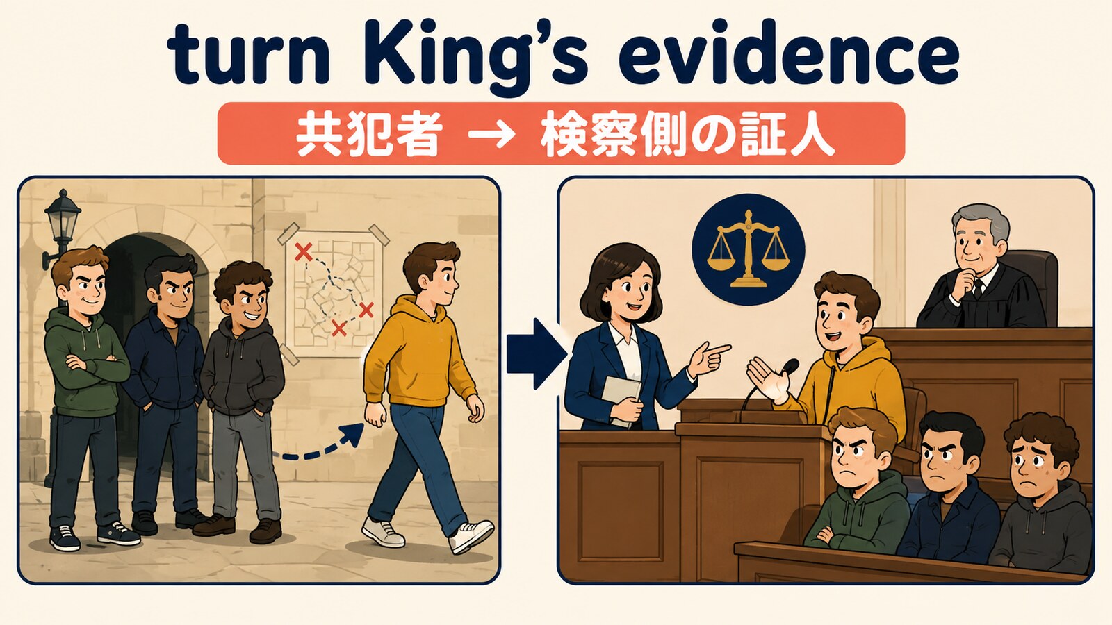 turn King’s evidenceの直訳から実際の意味へのつながりを示す解説イラスト