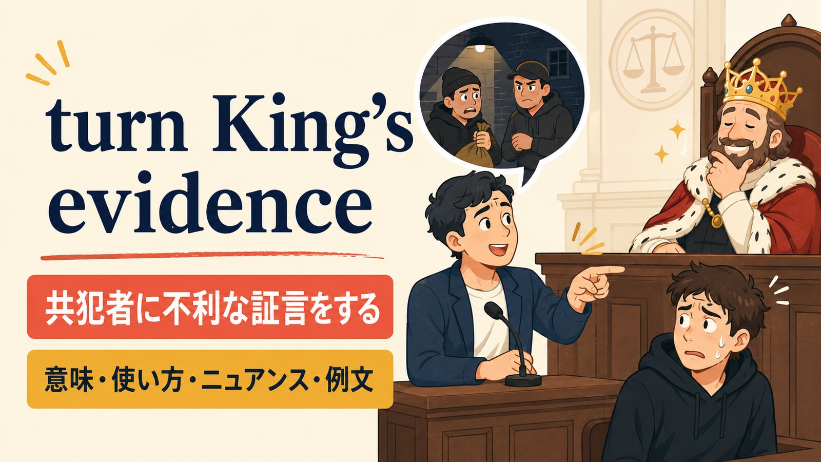 turn King’s evidenceの意味・使い方・ニュアンスを解説するアイキャッチ画像