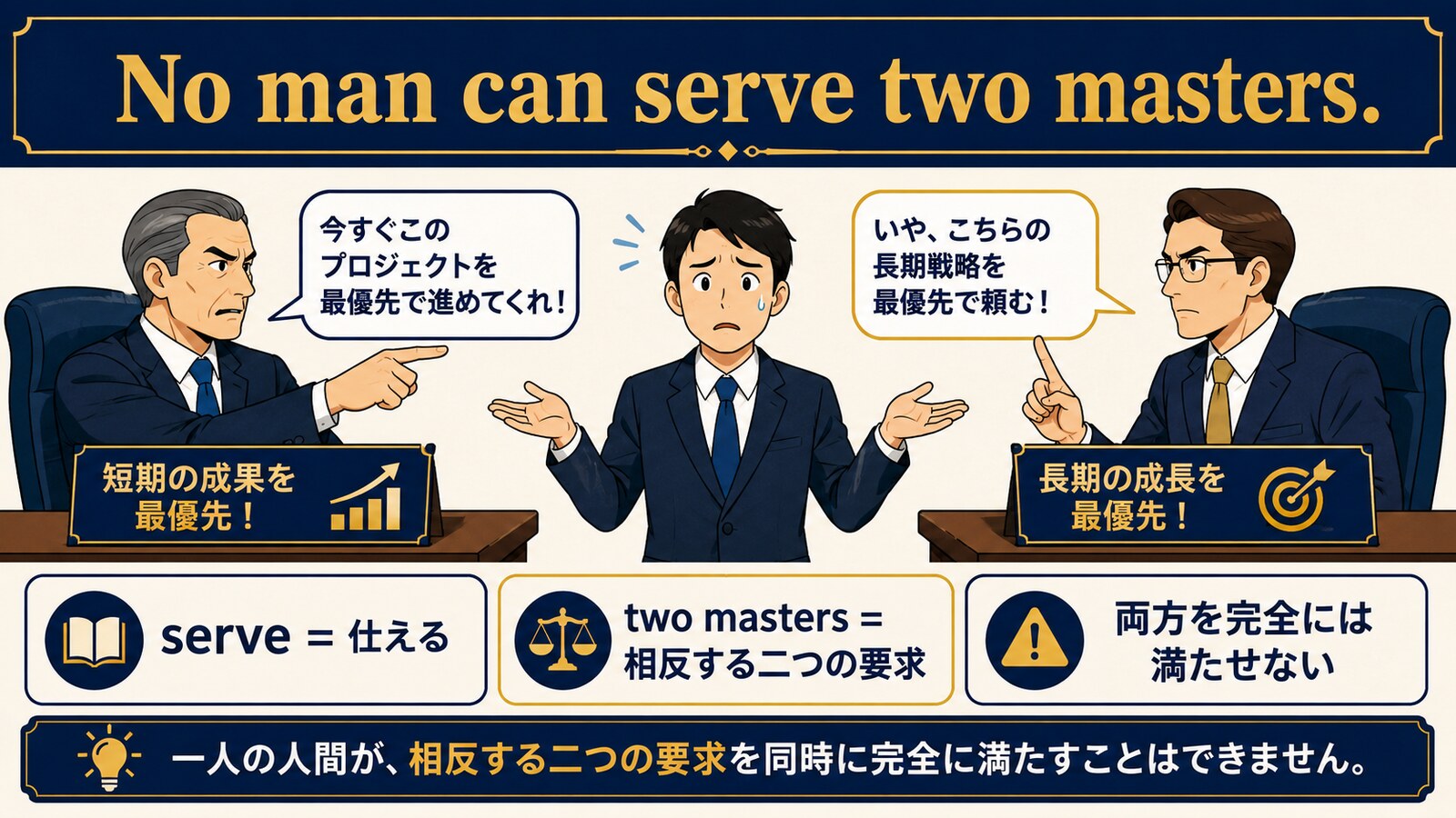 No man can serve two masters.の直訳と実際の意味を説明するイラスト