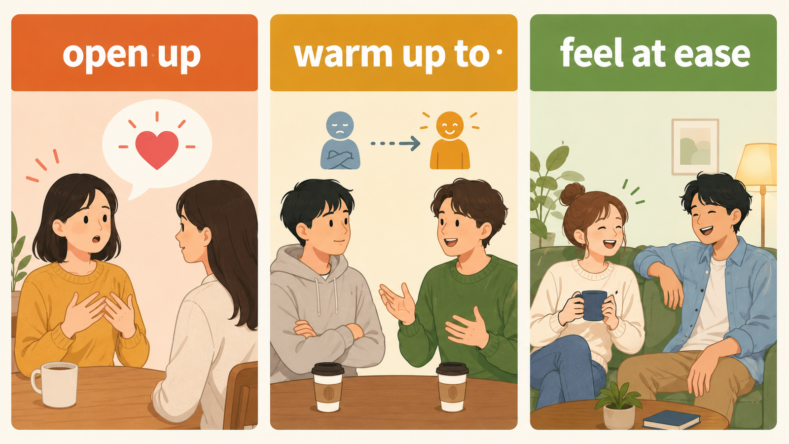 「打ち解ける」は英語で？open up・warm up to・feel at easeの違い