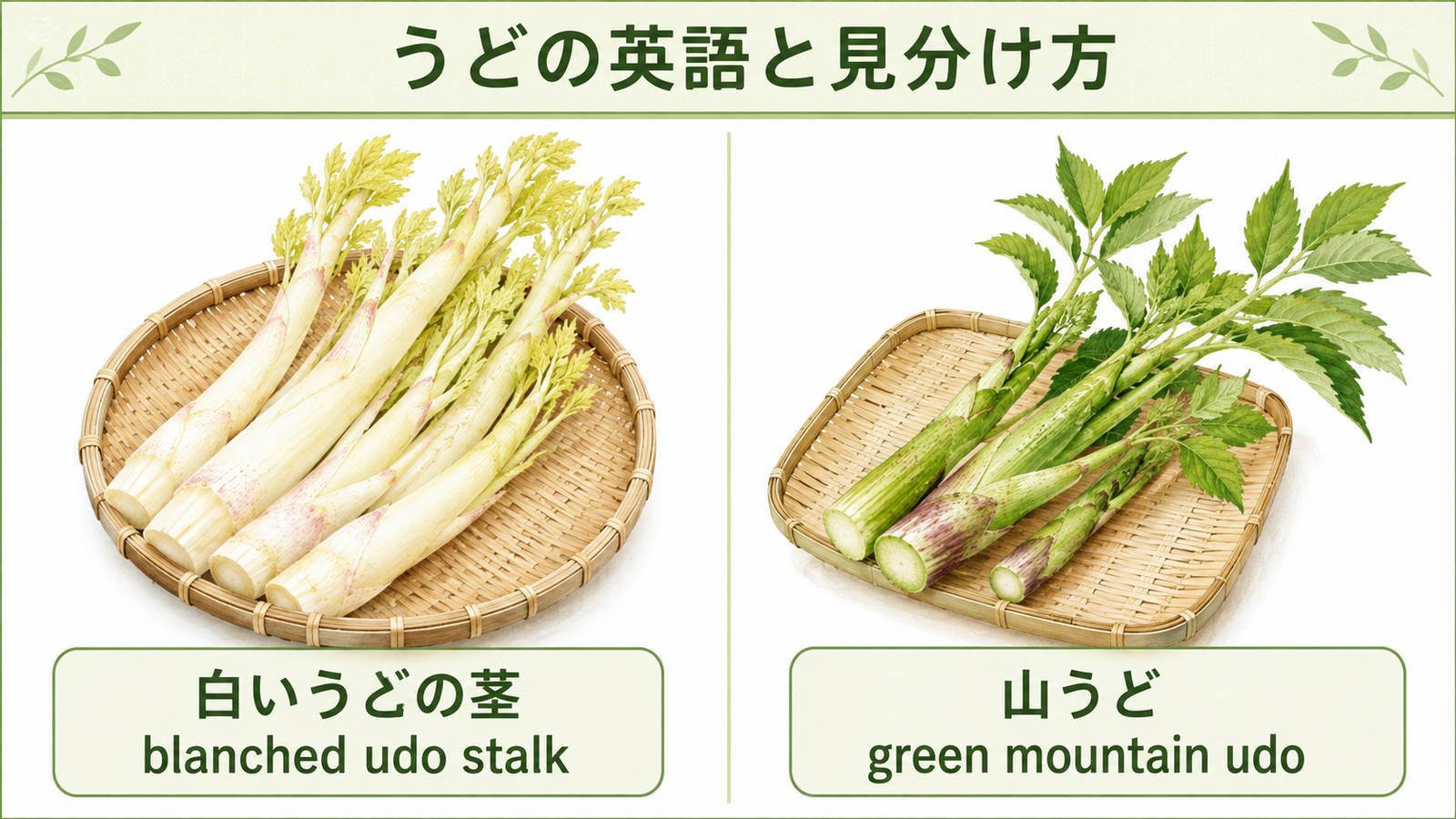 うどと似た植物や食材の英語名を比較した教材イラスト
