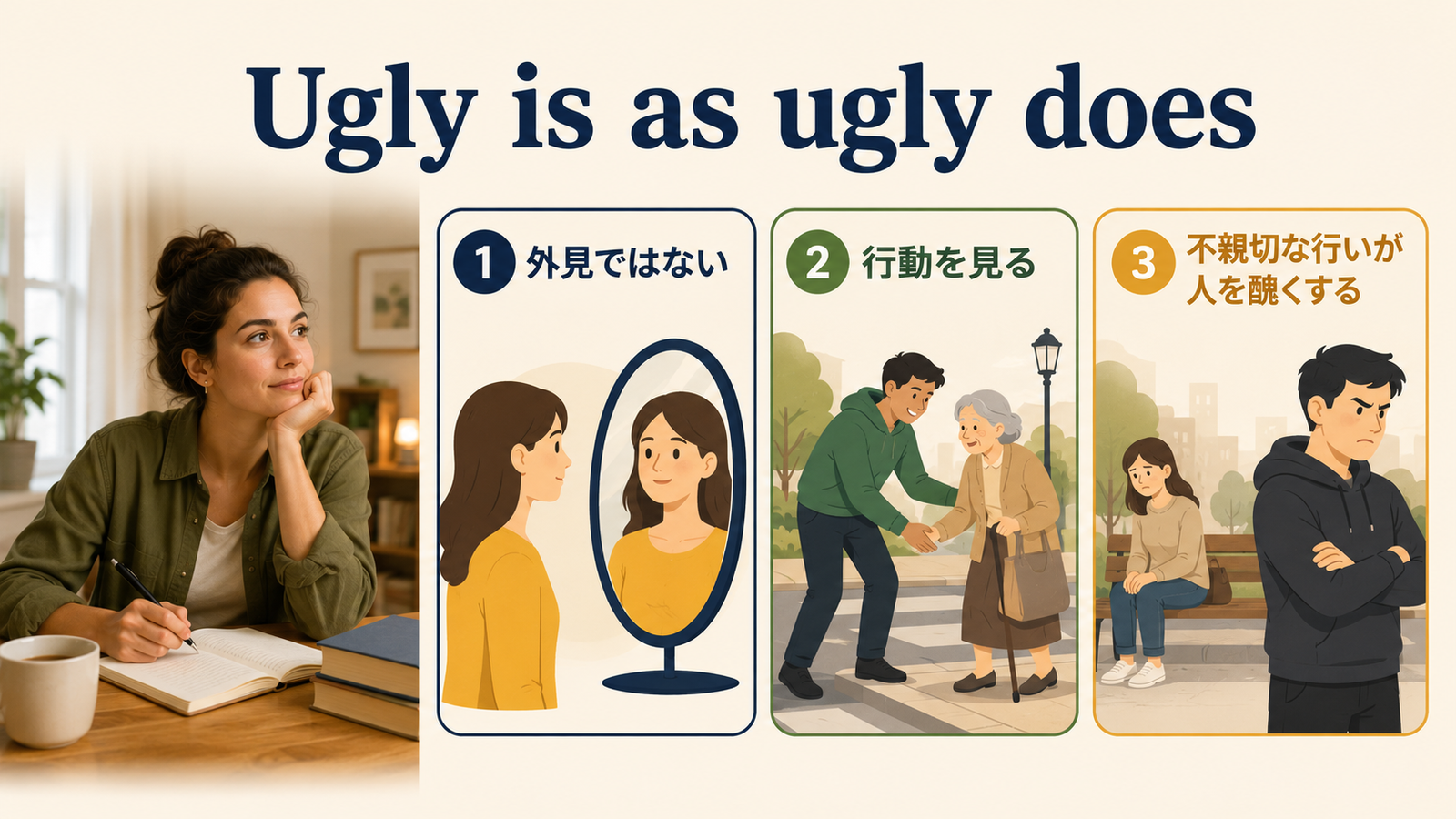 Ugly is as ugly doesの直訳と実際のニュアンスを比較した解説イラスト