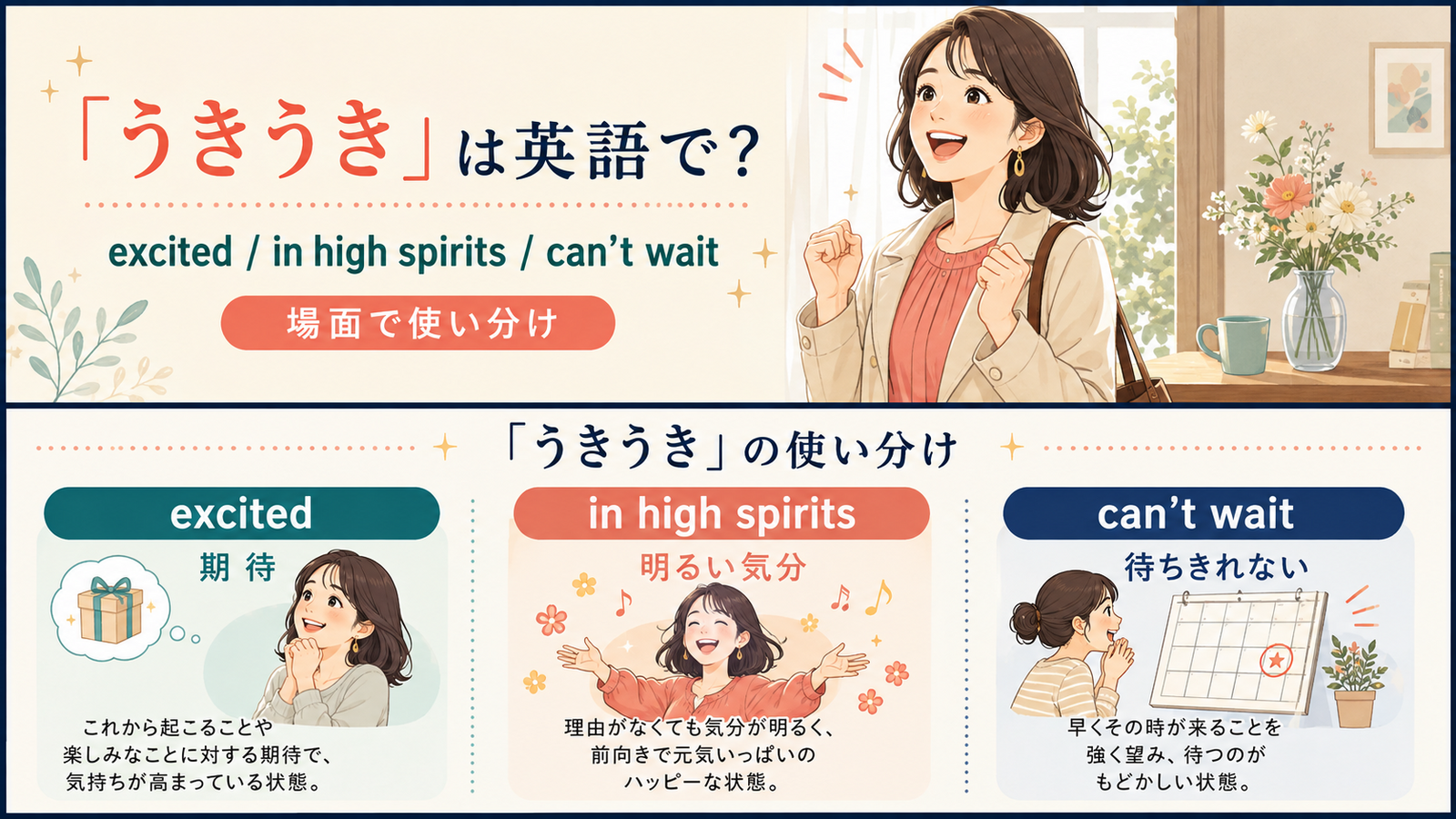 「うきうき」を表す英語の使い分け