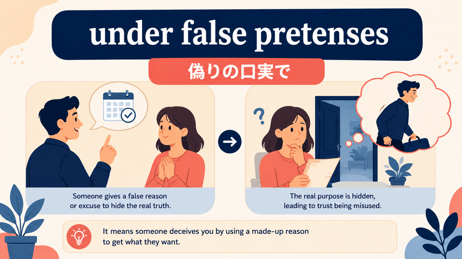 under false pretensesのニュアンスを説明する記事内イラスト