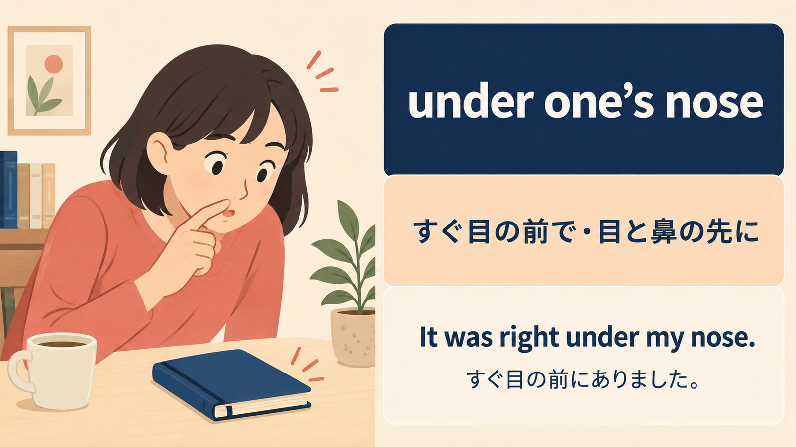 under one’s noseの意味と例文を説明する記事内イラスト