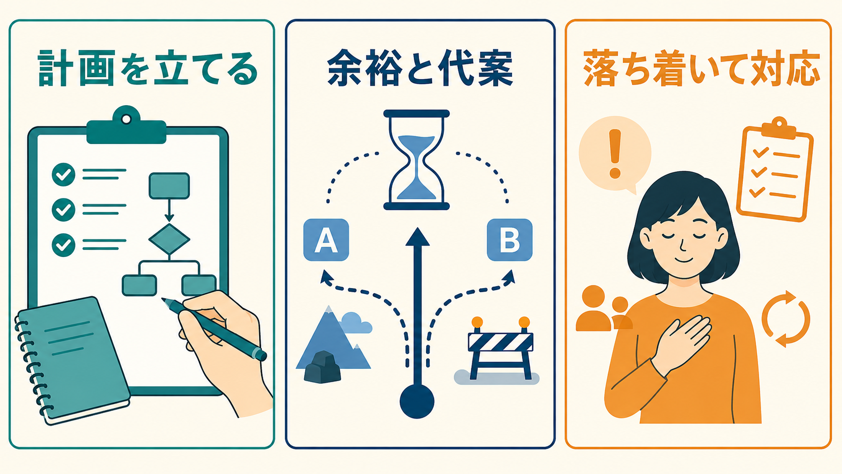 計画に余裕と代案を入れて予想外へ落ち着いて対応する図解