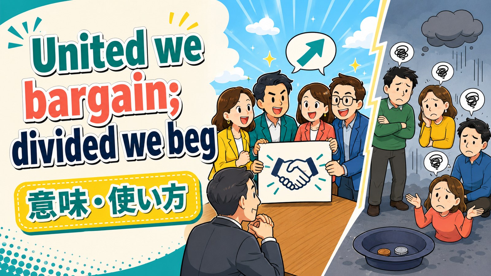 United we bargain; divided we beg.の意味・使い方｜団結と交渉力を表す英語