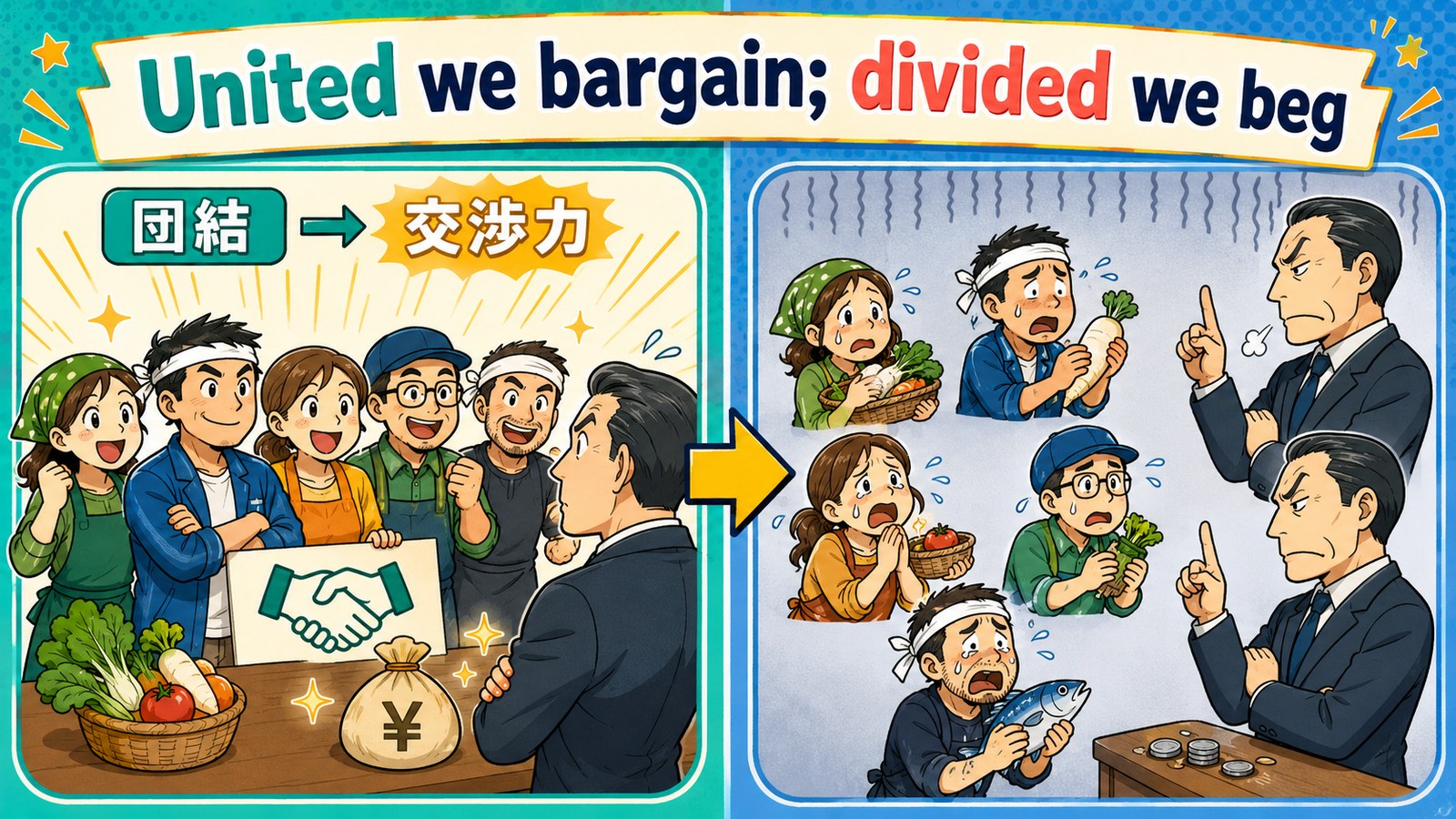 United we bargain; divided we beg.の直訳・実際の教訓・簡単な言い換えを比較した図