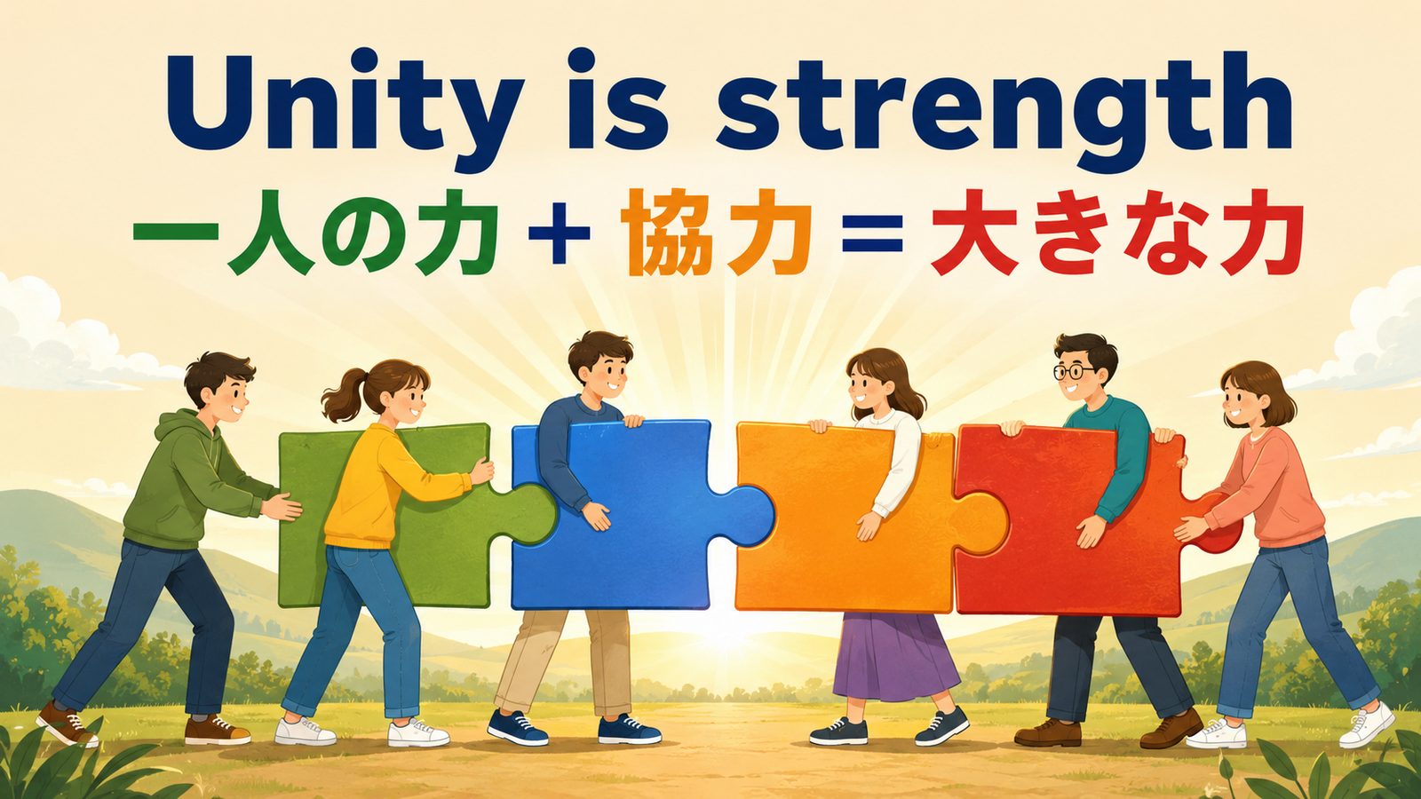 Unity is strengthの直訳と実際の意味を比較する解説イラスト
