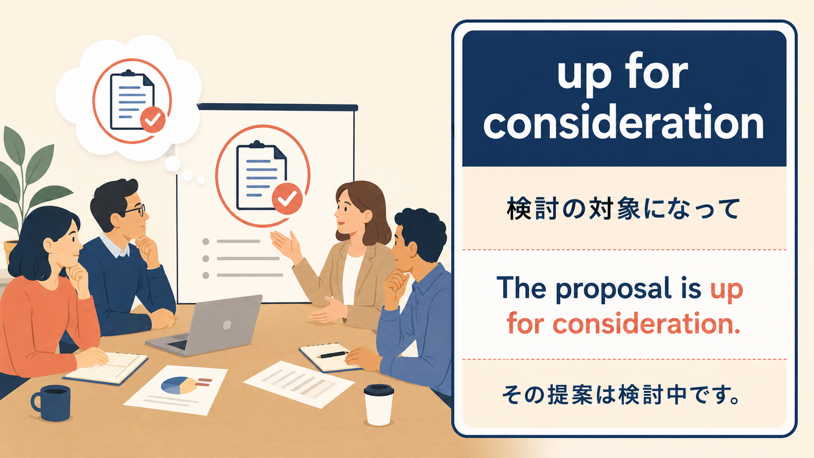 up for considerationの使い方を示す例文イラスト