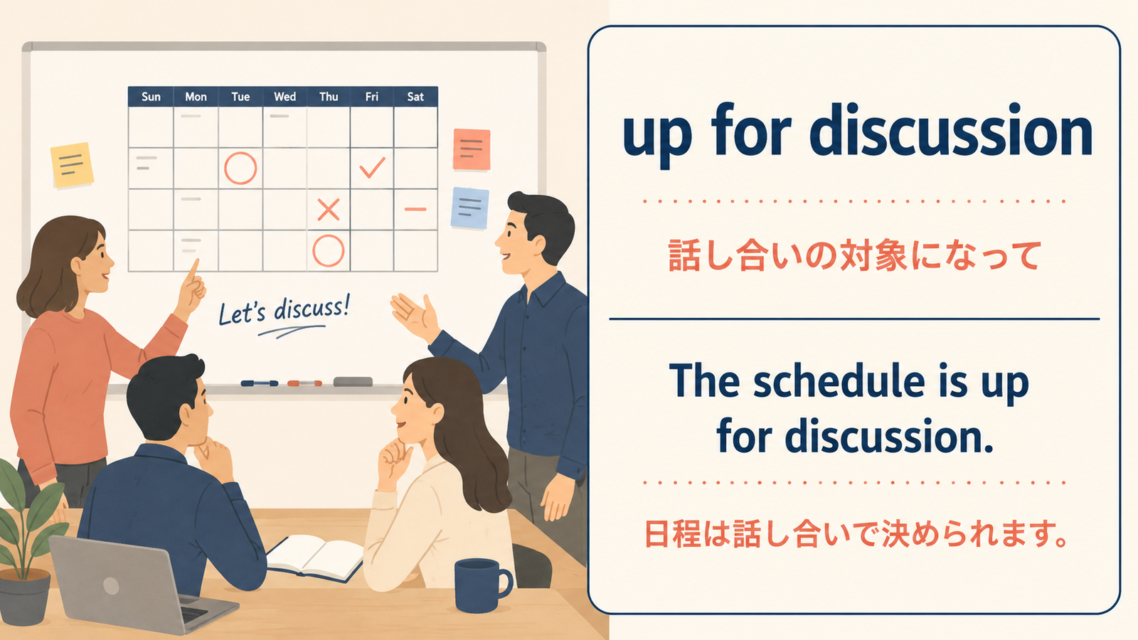 up for discussionの使い方を示す例文イラスト